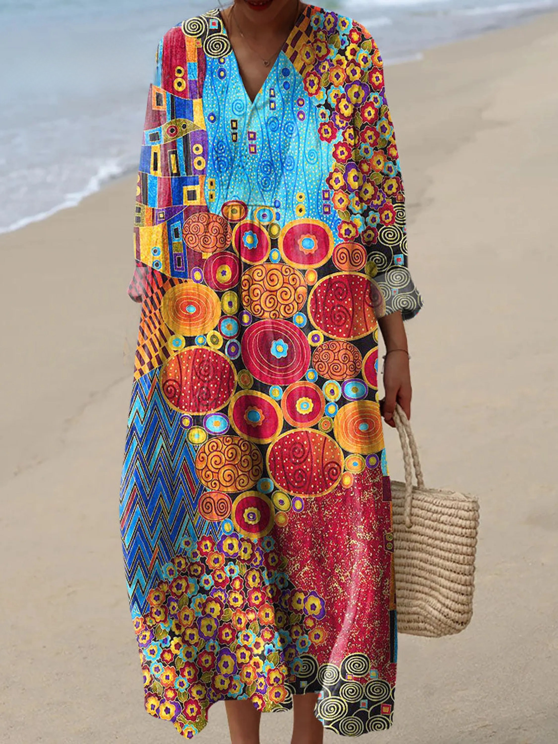 Women's Abstract Geometric Pattern Art Print Cotton Dress