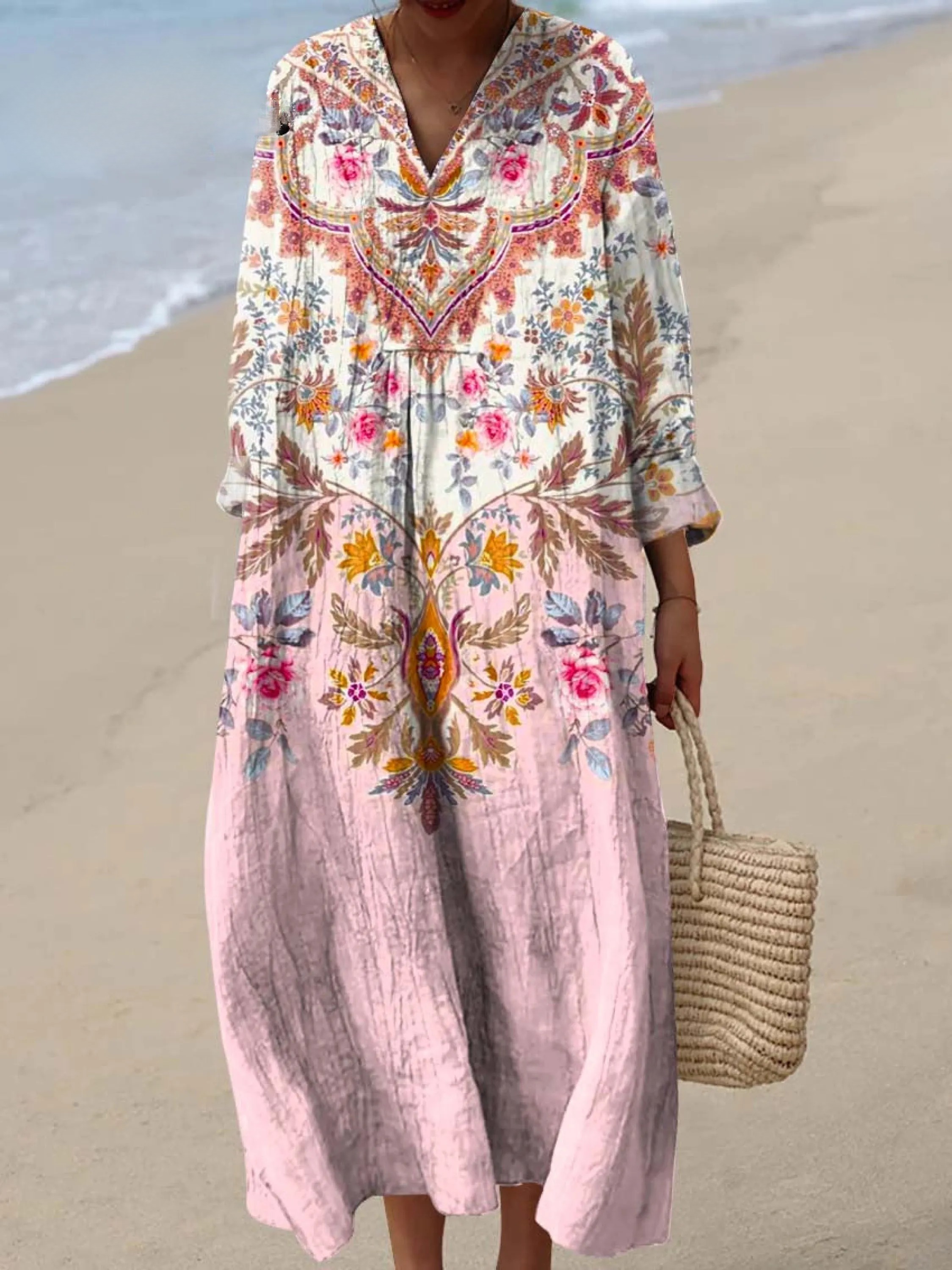 Women's Vintage Ethnic Floral Pattern Art Print Cotton Dress