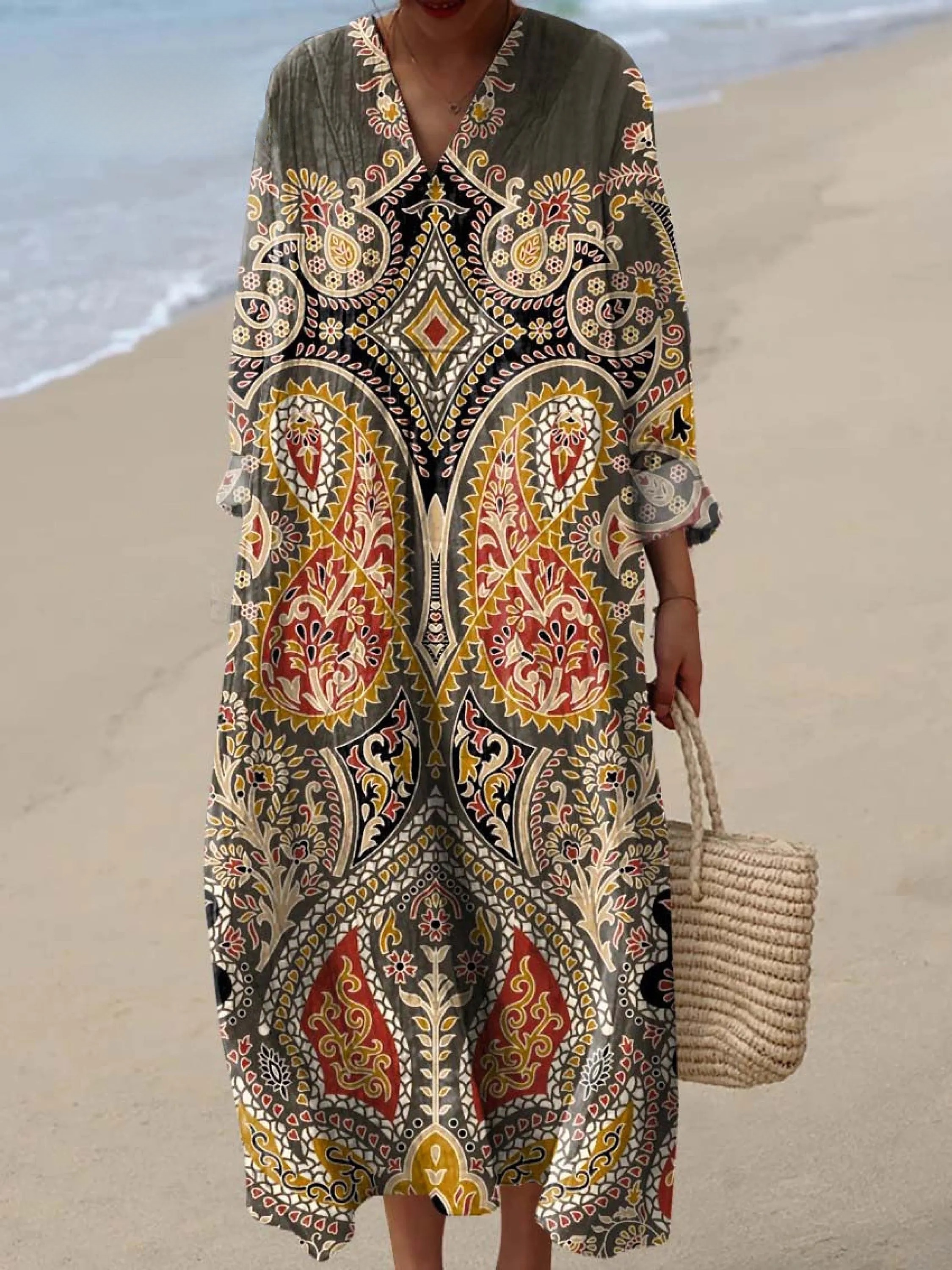 Women's Vintage Ethnic Floral Pattern Art Print Cotton Dress