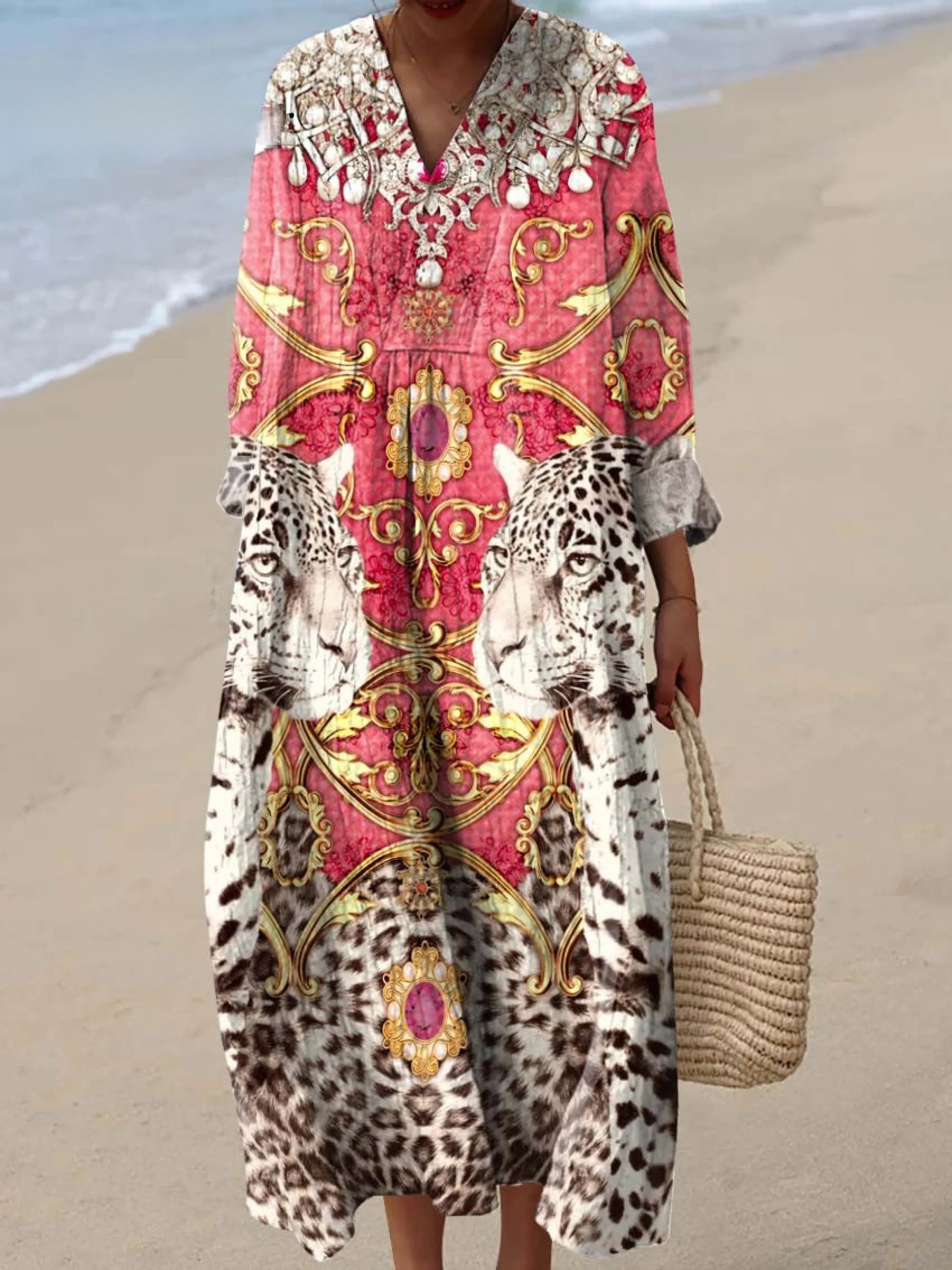 Women's Vintage Tiger Floral Pattern Art Print Cotton Dress