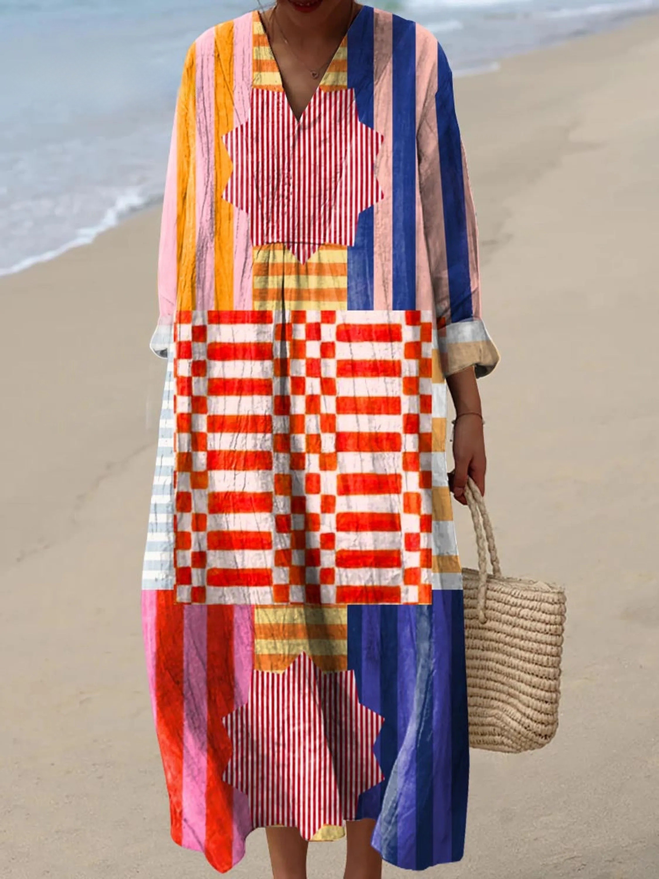 Women's Abstract Geometric Pattern Art Print Cotton Dress