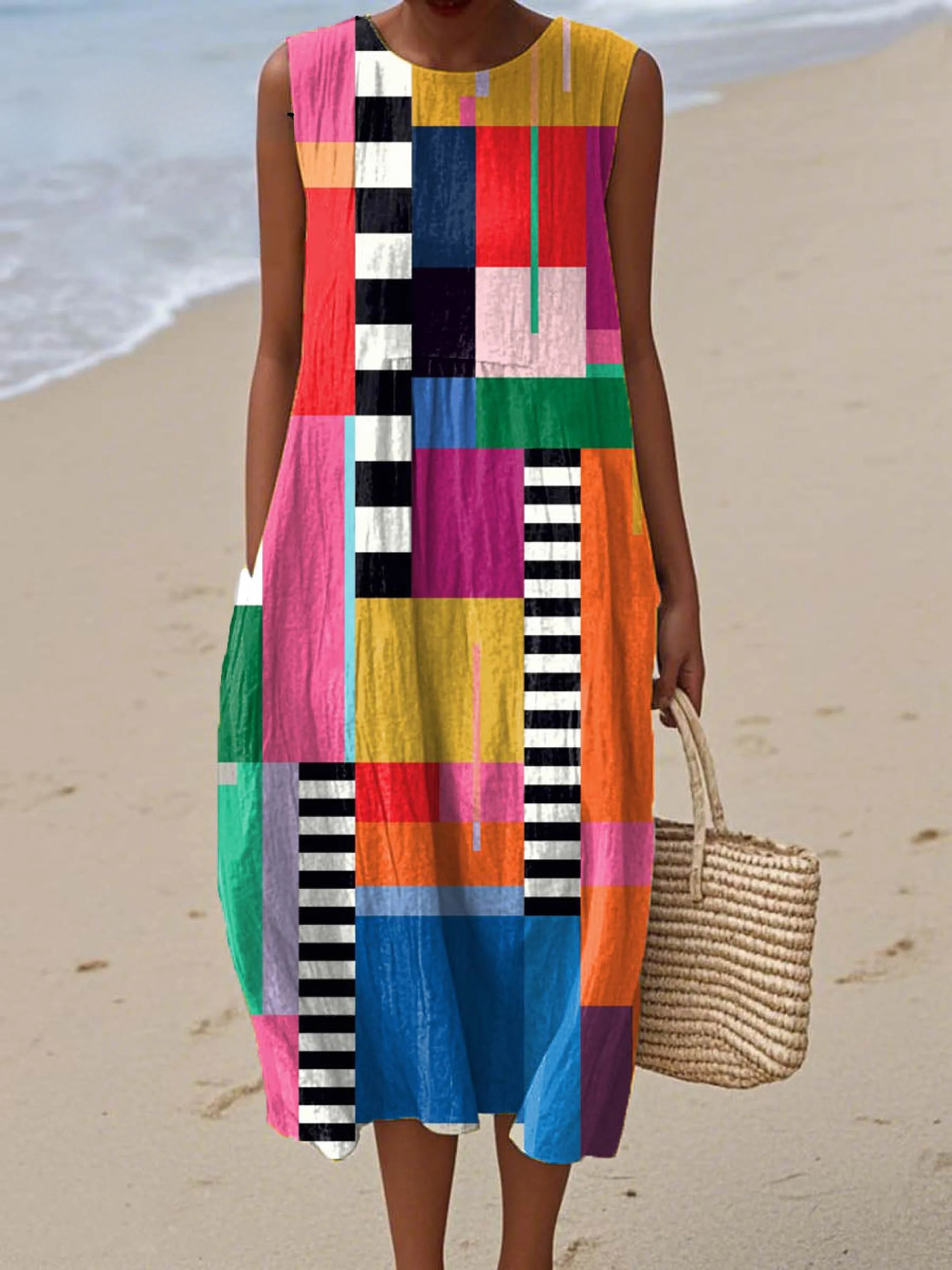 Women's Abstract Geometric Pattern Art Print Sleeveless Cotton Pocket Wrap Dress