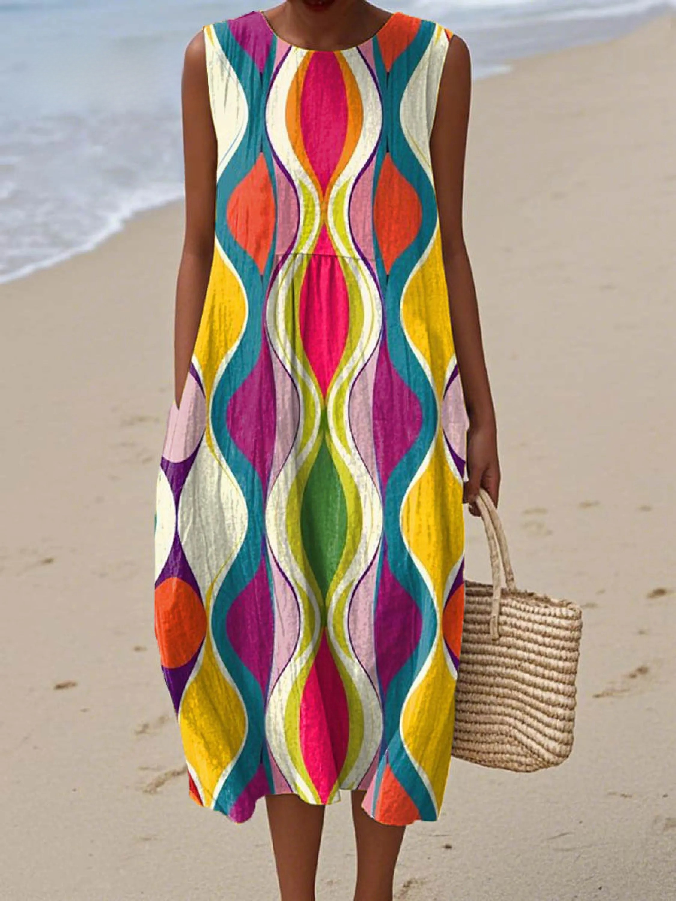 Women's Abstract Pattern Art Print Sleeveless Cotton Pocket Wrap Dress