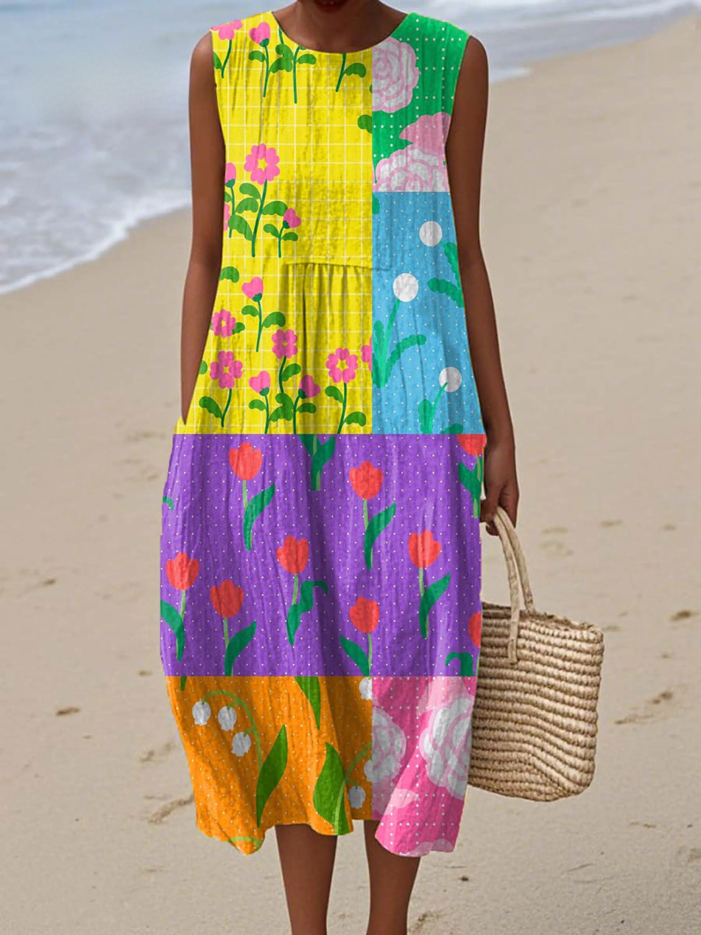 Women's Vintage Floral Pattern Art Print Sleeveless Cotton Pocket Wrap Dress