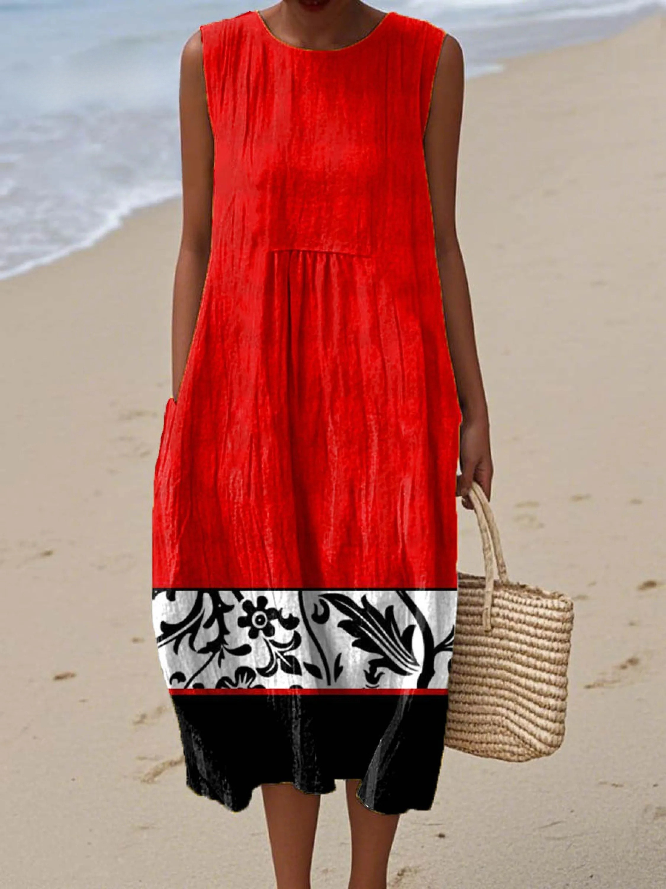 Women's Vintage Floral Pattern Art Print Sleeveless Cotton Pocket Wrap Dress