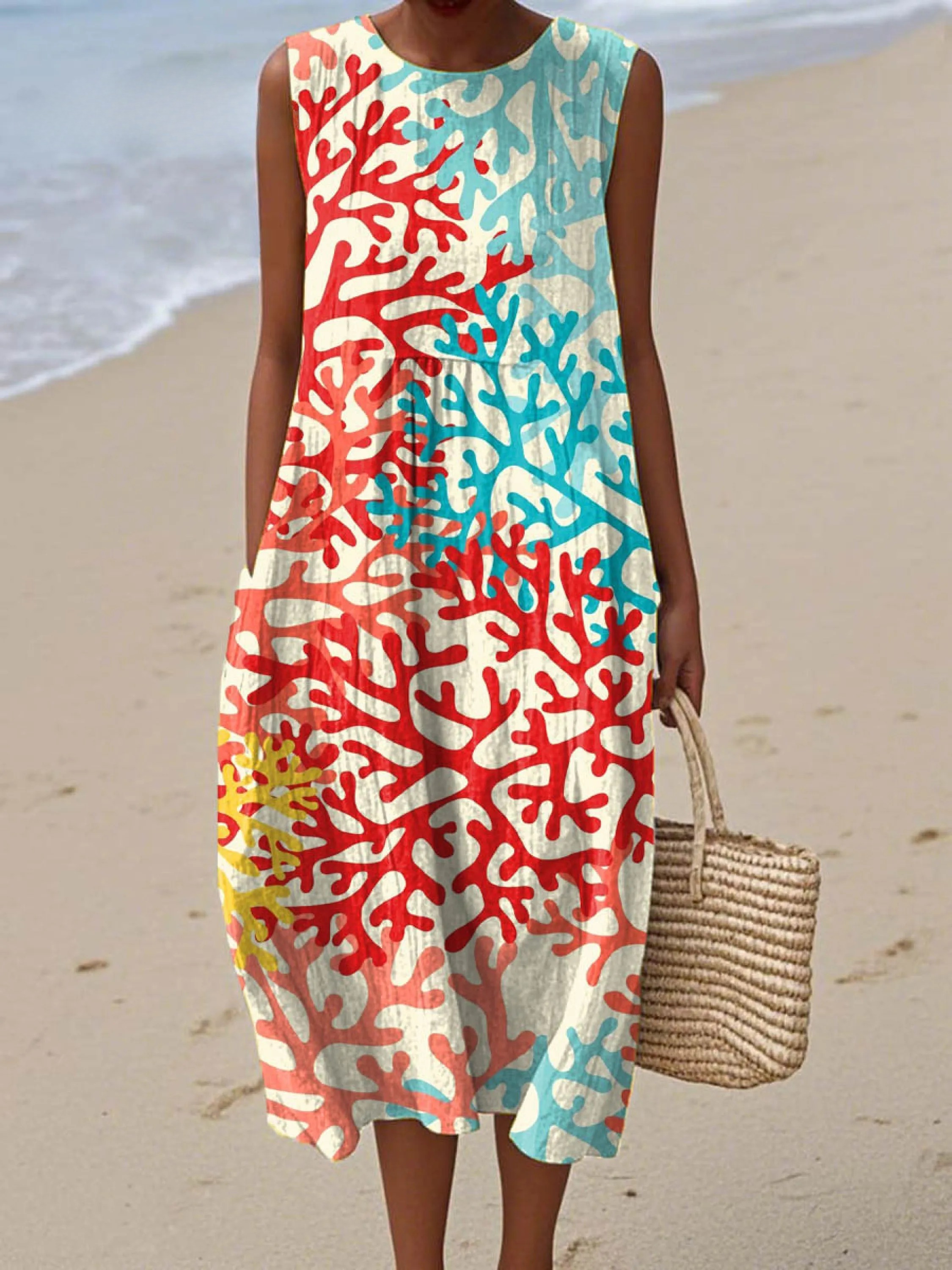 Women's Abstract Pattern Art Print Sleeveless Cotton Pocket Wrap Dress