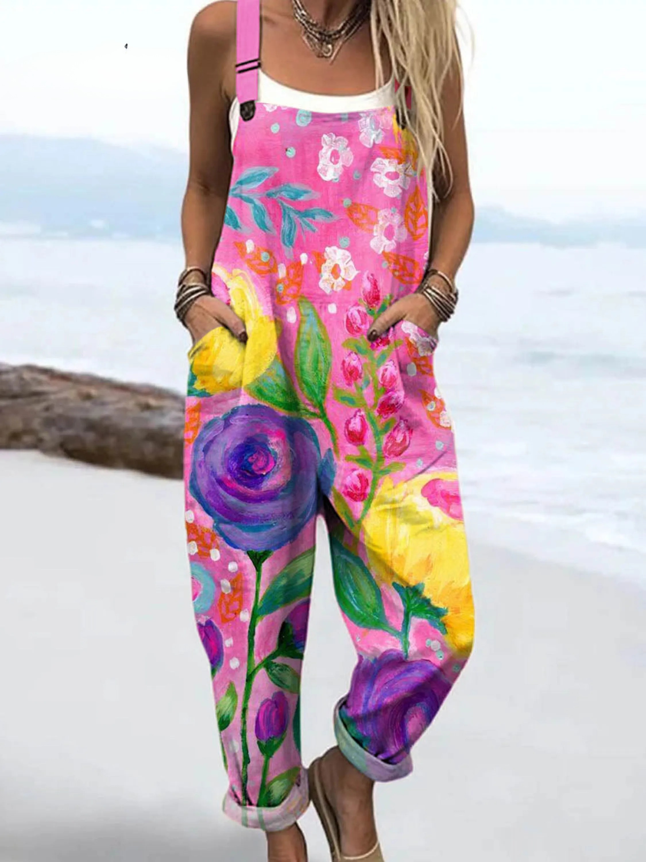 Women's Floral Art Print Casual Cotton Wide Leg Jumpsuit