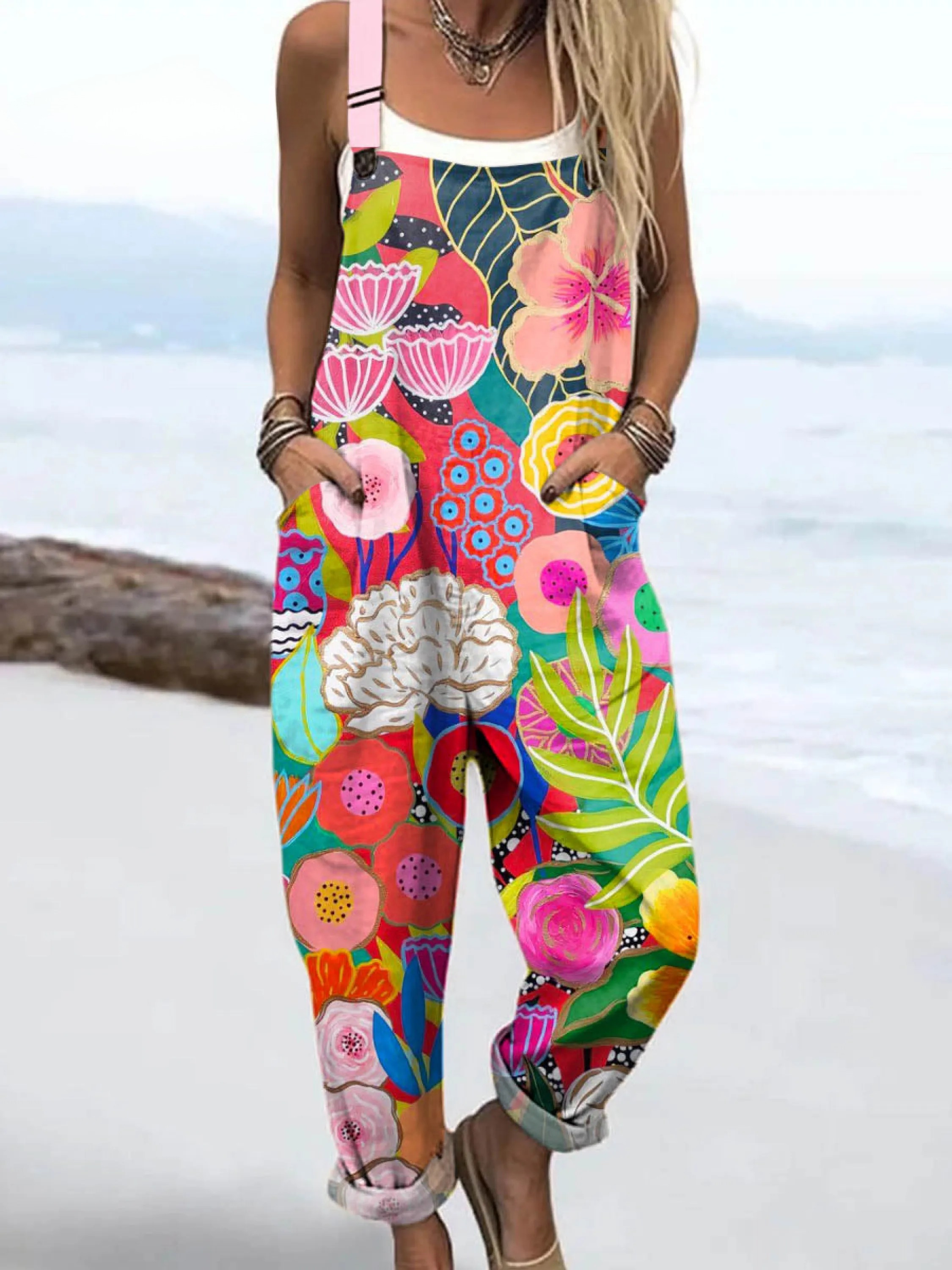Women's Floral Art Print Casual Cotton Wide Leg Jumpsuit