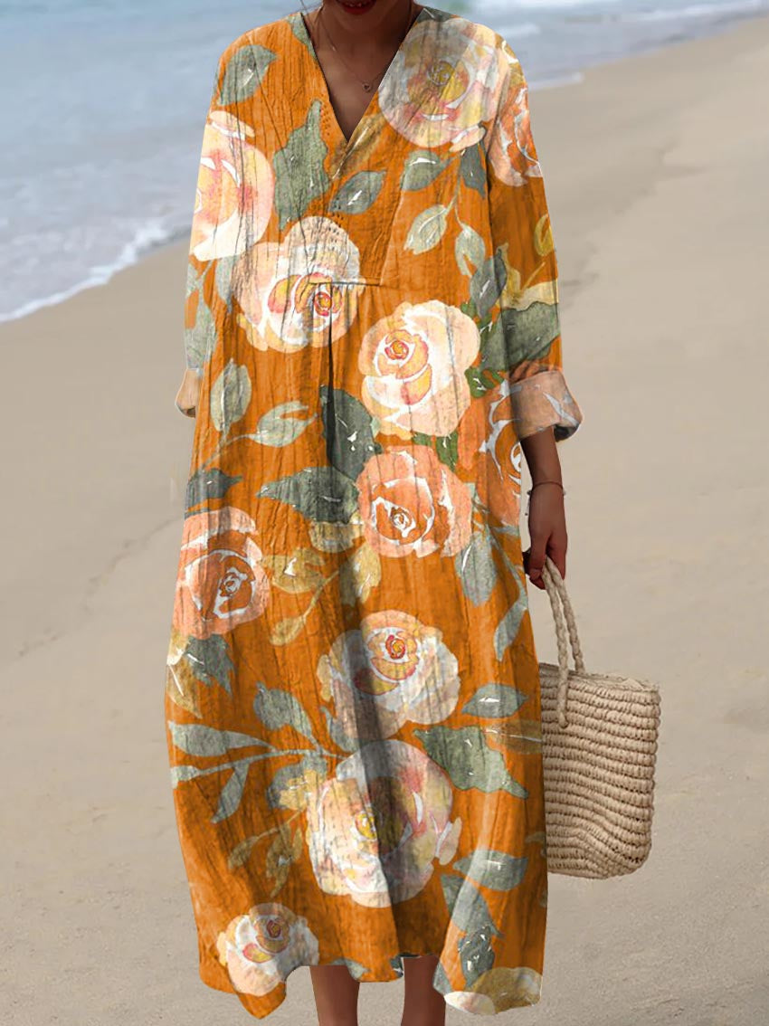 Women's Vintage Floral Pattern Art Print Cotton Dress