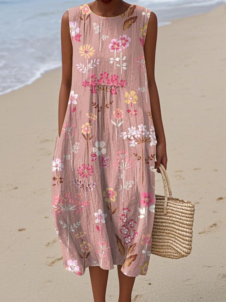 Women's Vintage Floral Art Print Sleeveless Cotton Pocket Wrap Dress