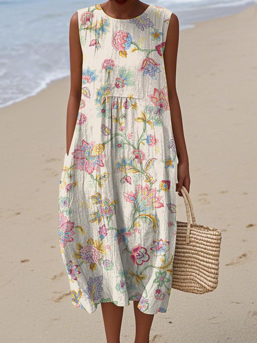 Women's Vintage Floral Art Print Sleeveless Cotton Pocket Wrap Dress