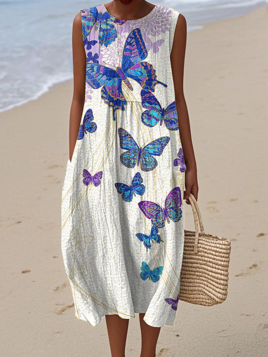 Women's Vintage Butterfly Art Print Sleeveless Cotton Pocket Wrap Dress