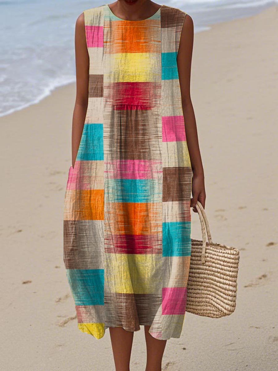 Women's Vintage Geometric Pattern Art Print Sleeveless Cotton Pocket Wrap Dress