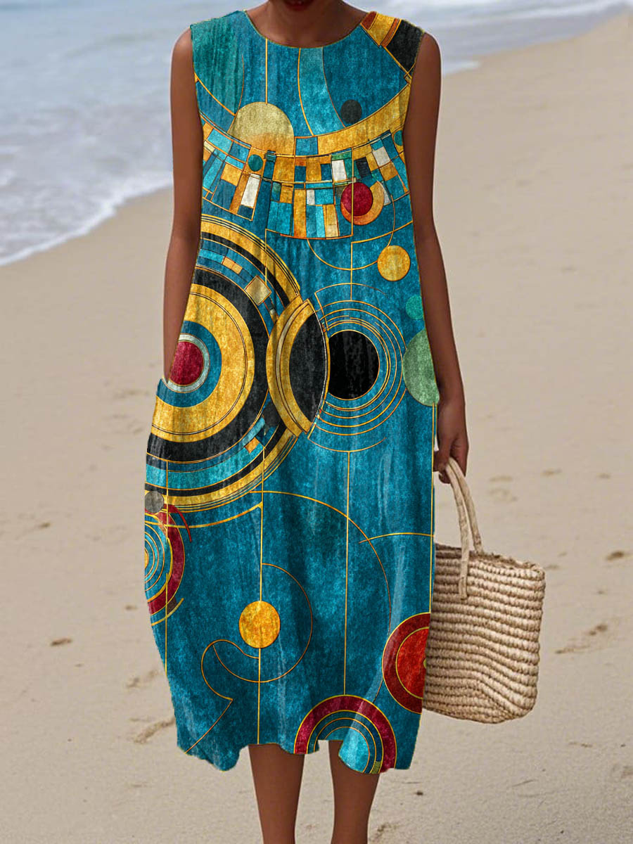 Women's Geometric Pattern Art Print Sleeveless Cotton Pocket Wrap Dress