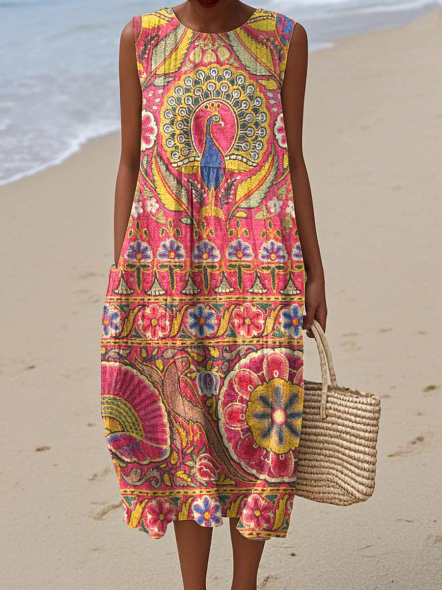 Women's Vintage Pattern Art Print Sleeveless Cotton Pocket Wrap Dress