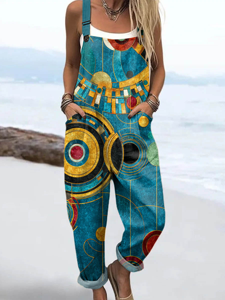 Women's Abstract Geometric Pattern Art Print Casual 100% Cotton Wide Leg Jumpsuit
