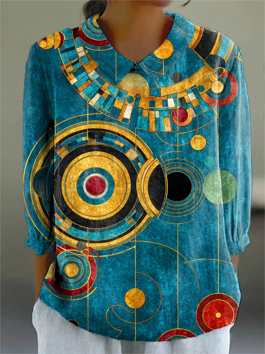 Women's Abstract Geometric Pattern Art Print Casual 3/4 Sleeve Shirt