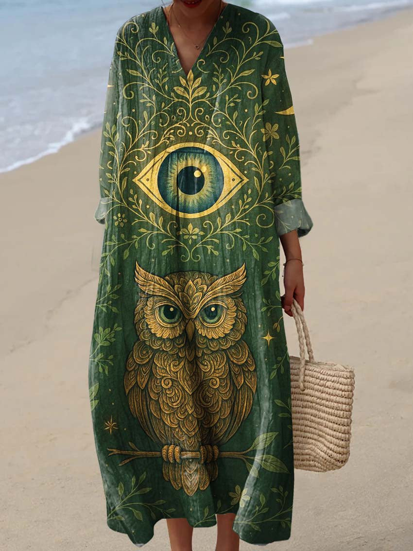 Women's Vintage Floral Owl Pattern Art Print Cotton Dress