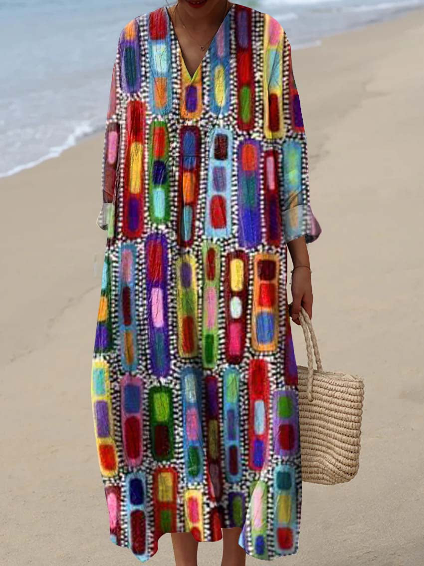 Women's Abstract Geometric Pattern Art Print Cotton Dress