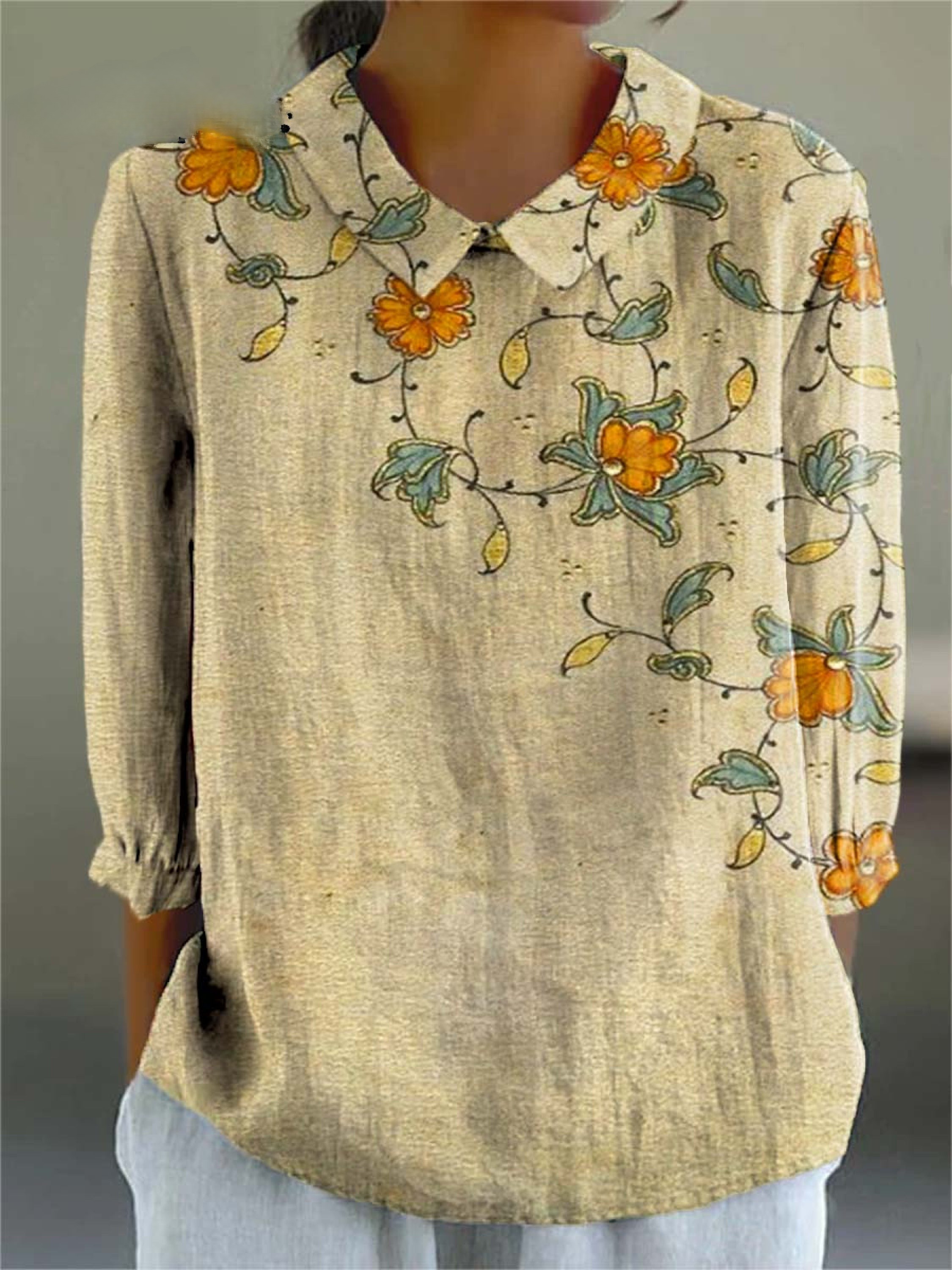 Women's Vintage Floral Art Print Casual 3/4 Sleeve Shirt