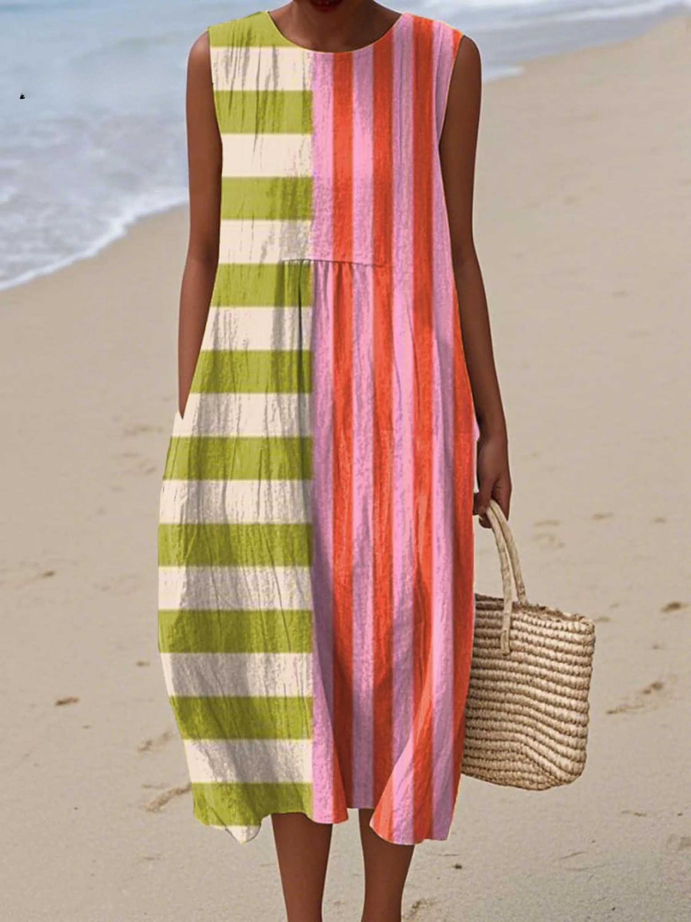 Women's Colourful Artistic Geometric Lines Print Sleeveless Cotton Pocket Wrap Dress