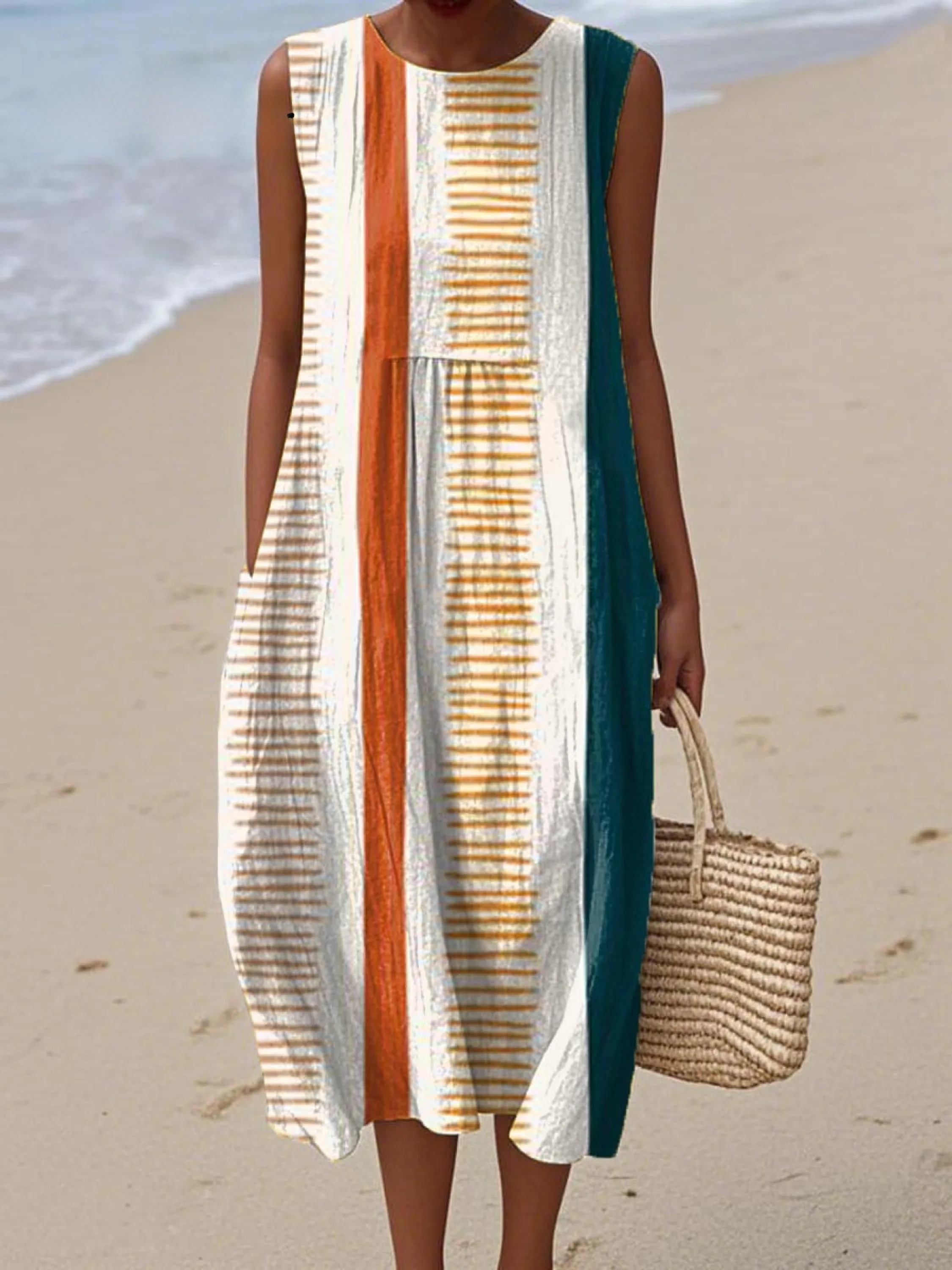 Women's Artistic Geometric Lines Print Sleeveless Cotton Pocket Wrap Dress