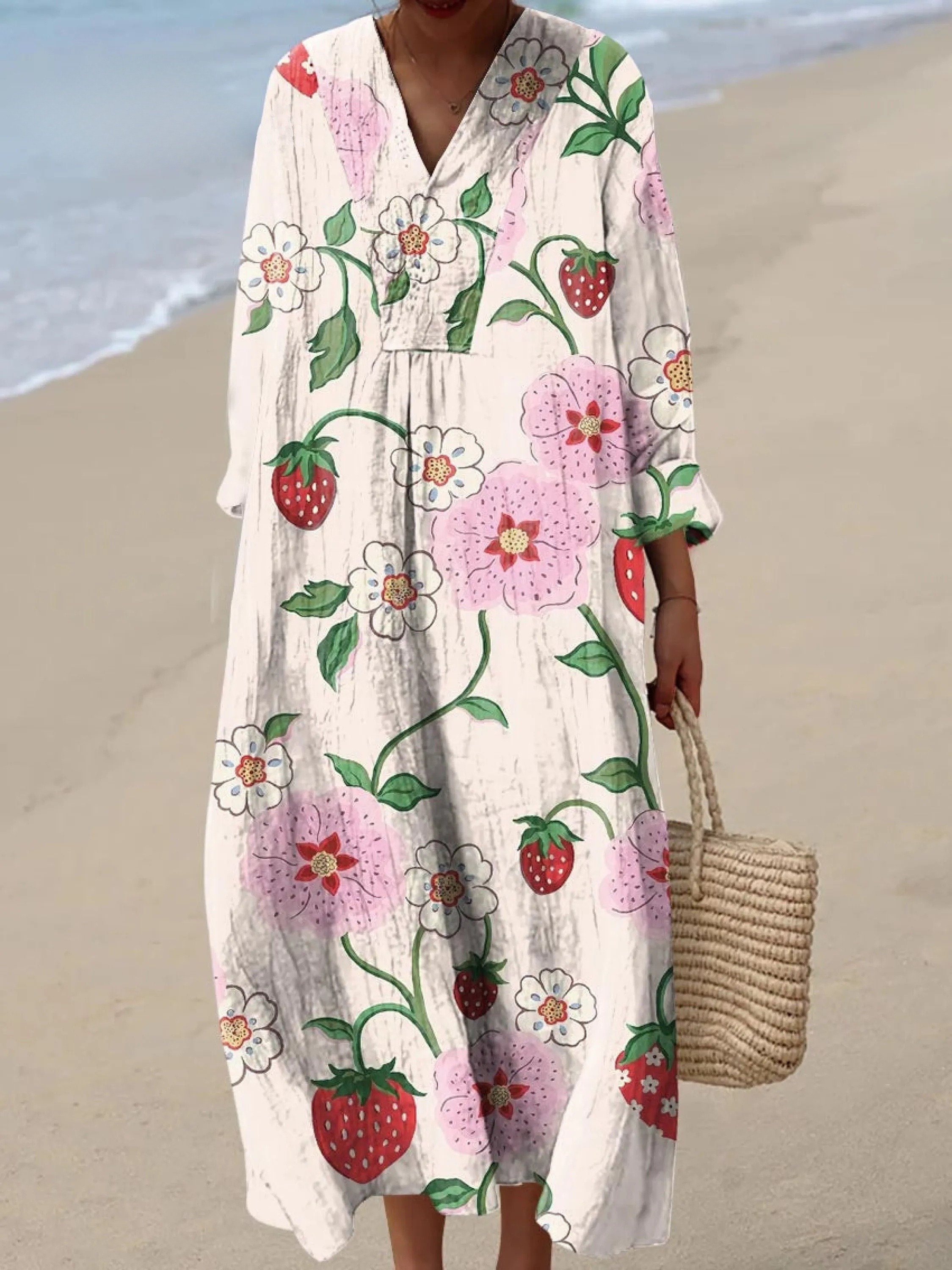 Women's Artistic Strawberry Flowers Art Print Dress