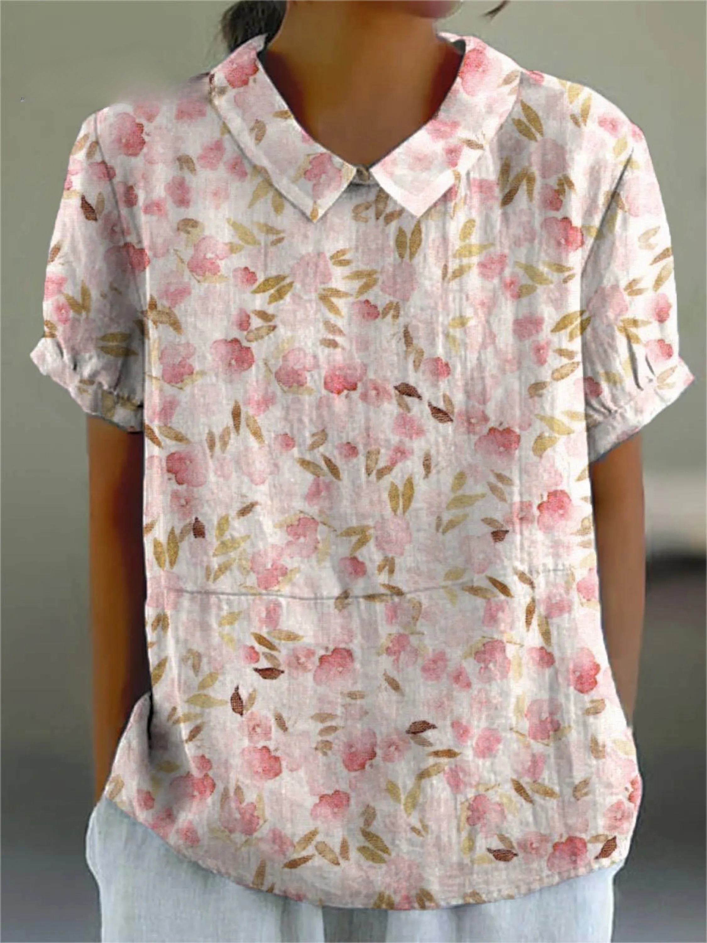 Vintage Art Flower Print Casual Cotton And Linen Shirt
