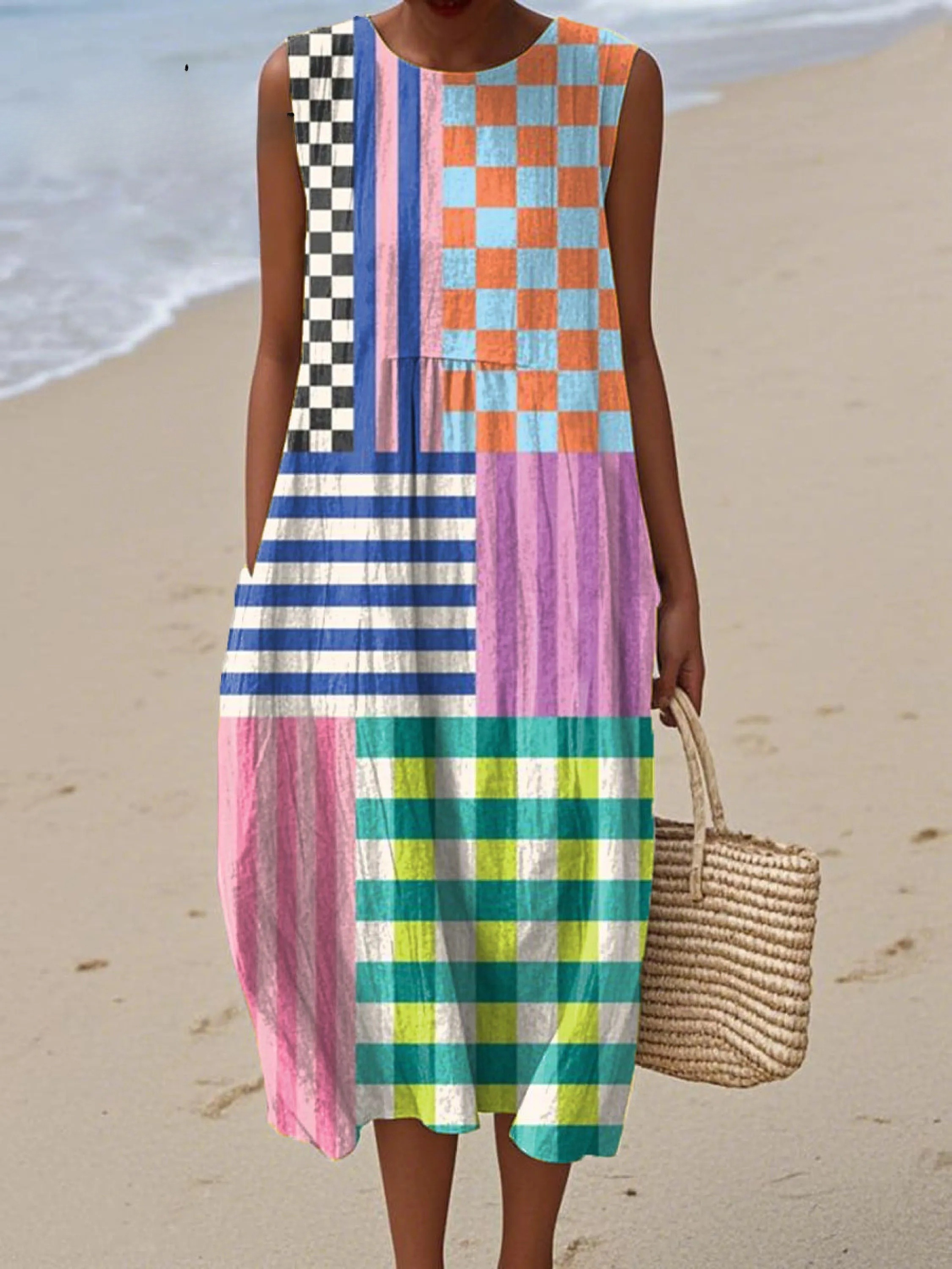 Women's Artistic Creative Geometry Print Sleeveless Cotton Pocket Wrap Dress