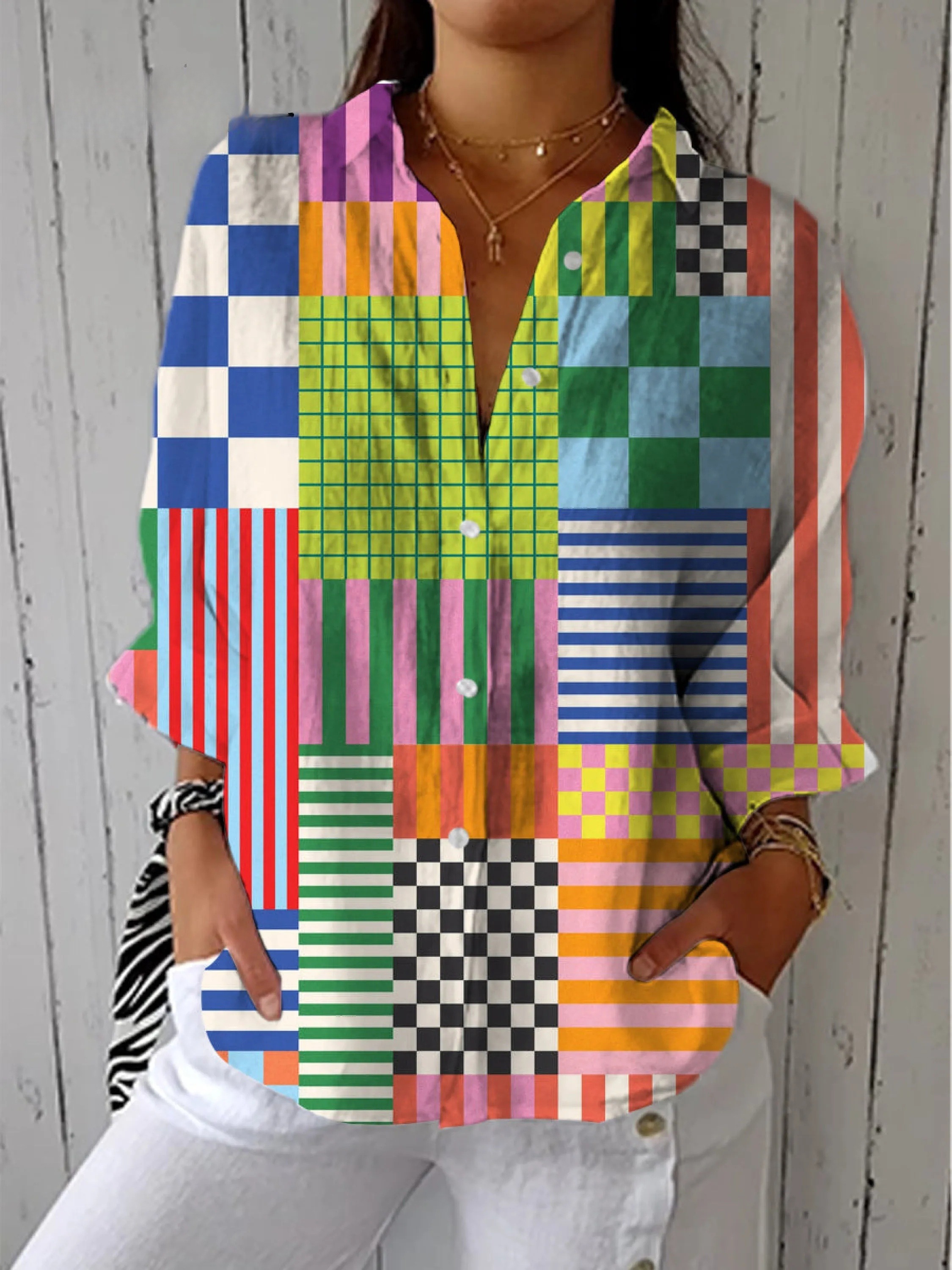 Women's Colourful Art Geometry Print Casual V-neck Shirt