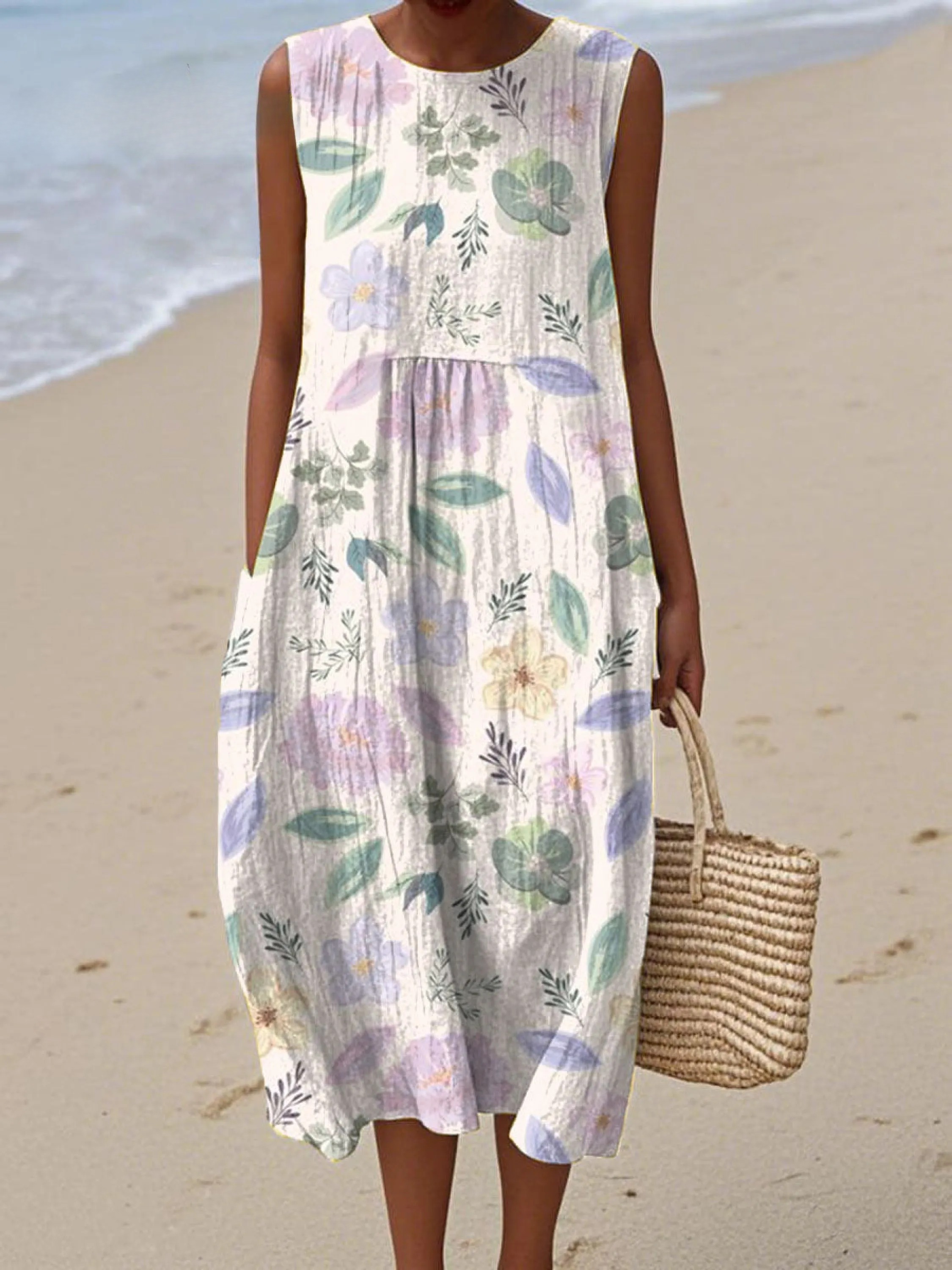 Women's Vintage Art Flower Print Sleeveless Cotton Pocket Wrap Dress