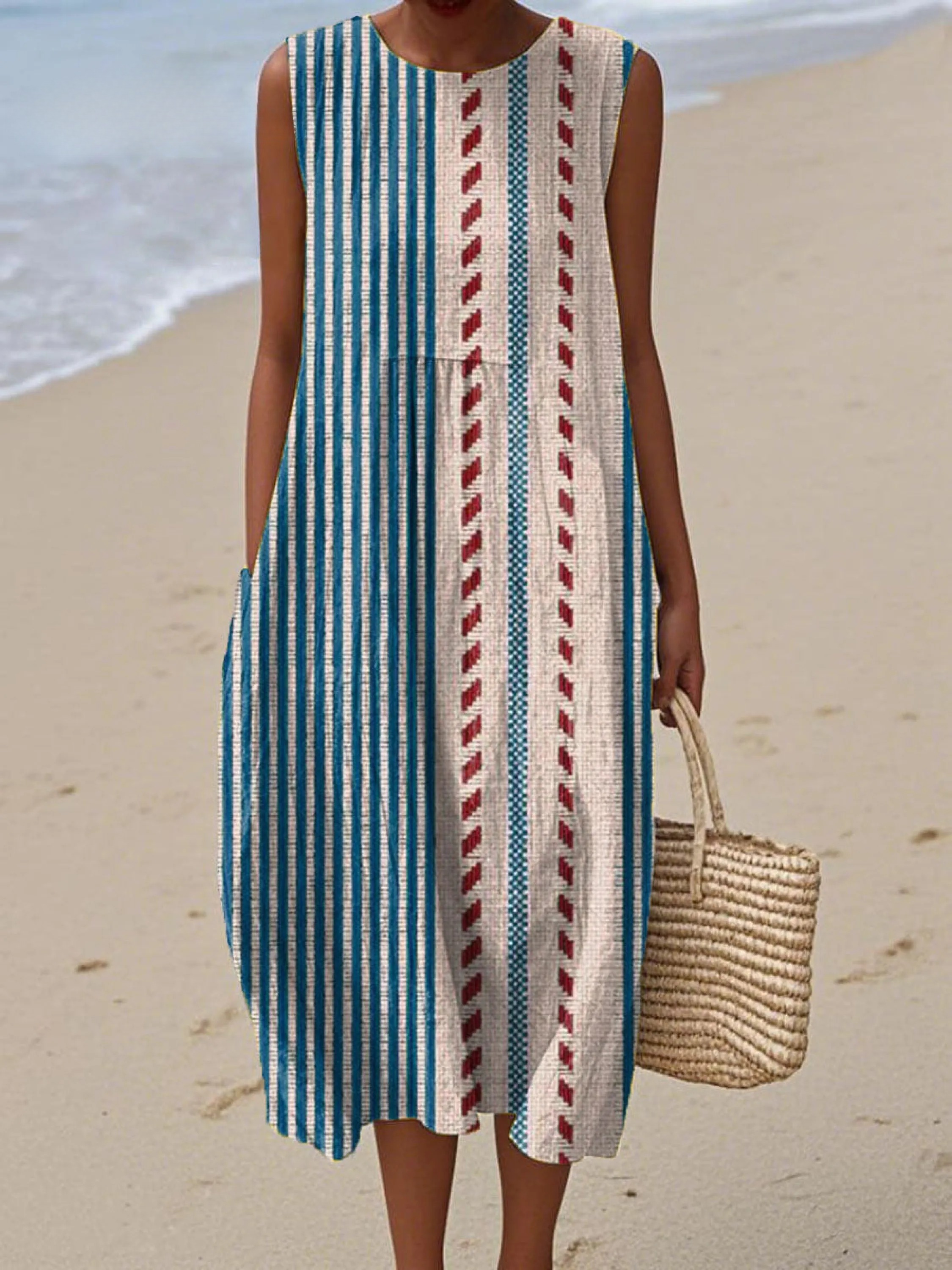 Women's Vintage Art Lines Print Sleeveless Cotton Pocket Wrap Dress