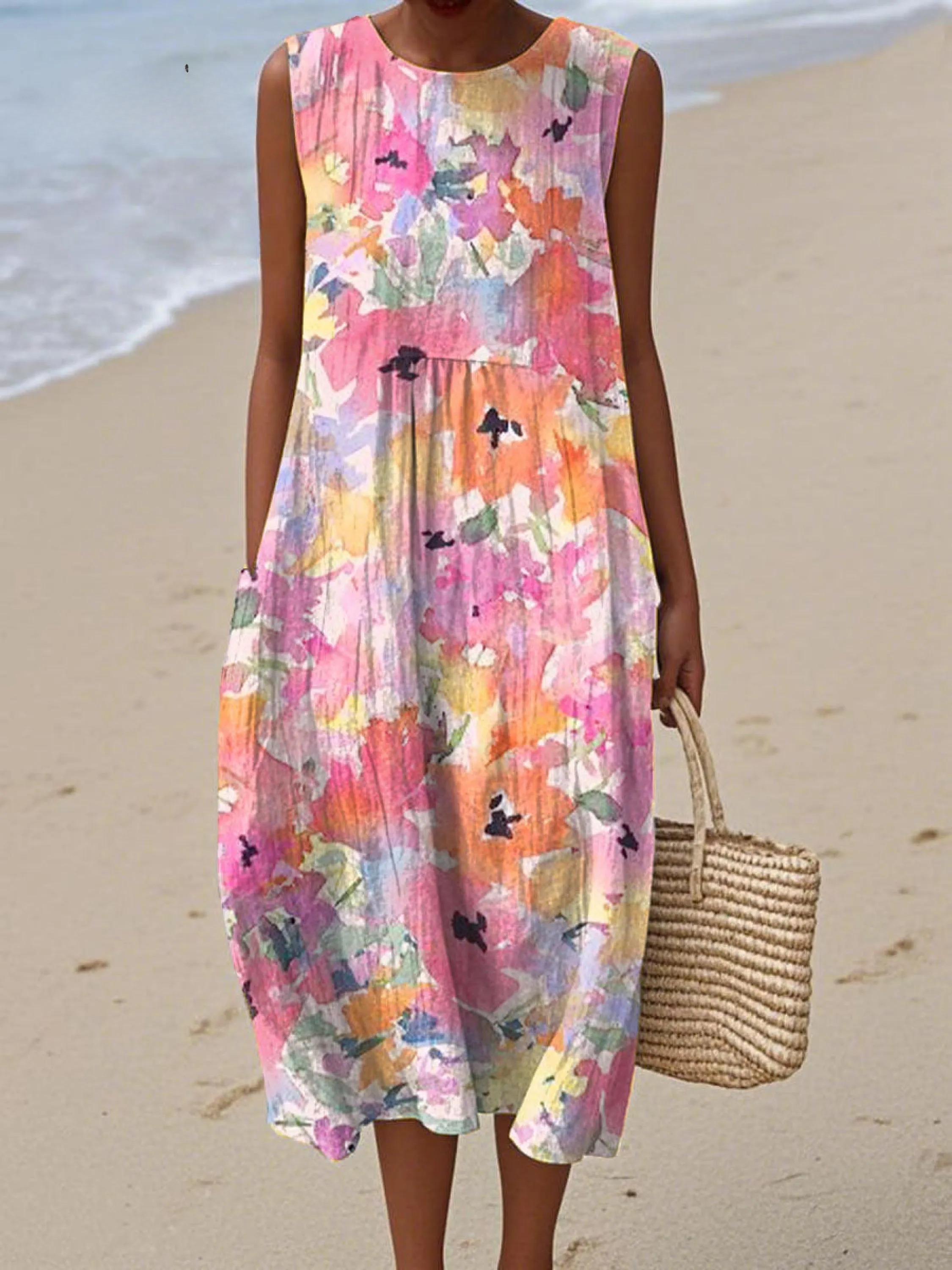 Women's Vintage Art Ink Flower Print Sleeveless Cotton Pocket Wrap Dress