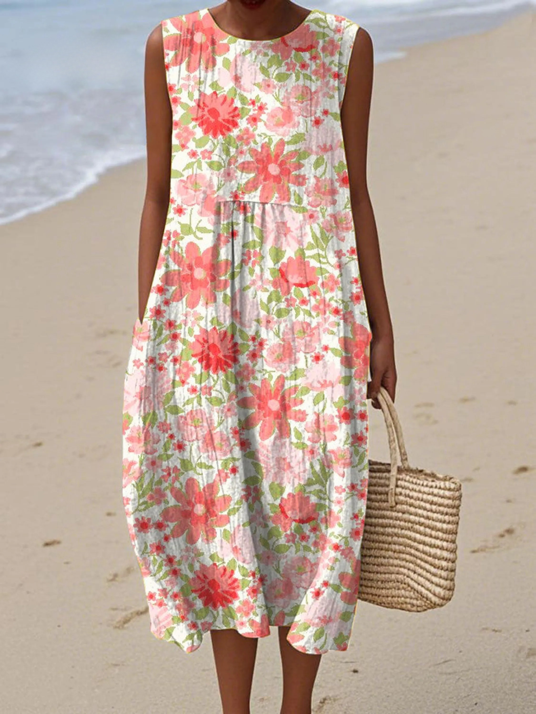 Women's Vintage Art Flower Print Sleeveless Cotton Pocket Wrap Dress