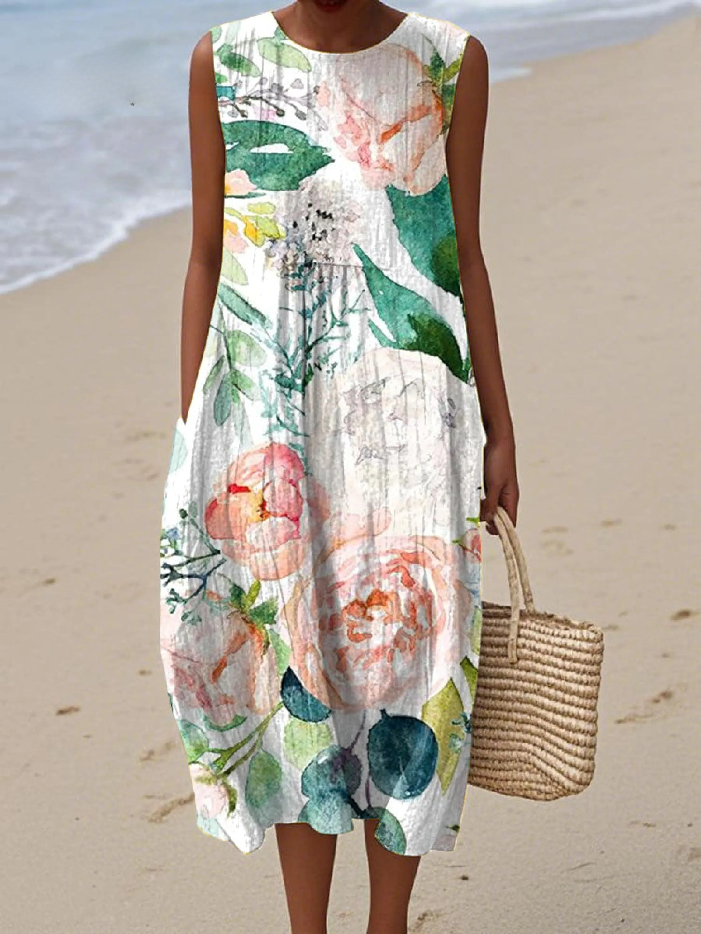 Women's Vintage Art Ink Flower Print Sleeveless Cotton Pocket Wrap Dress