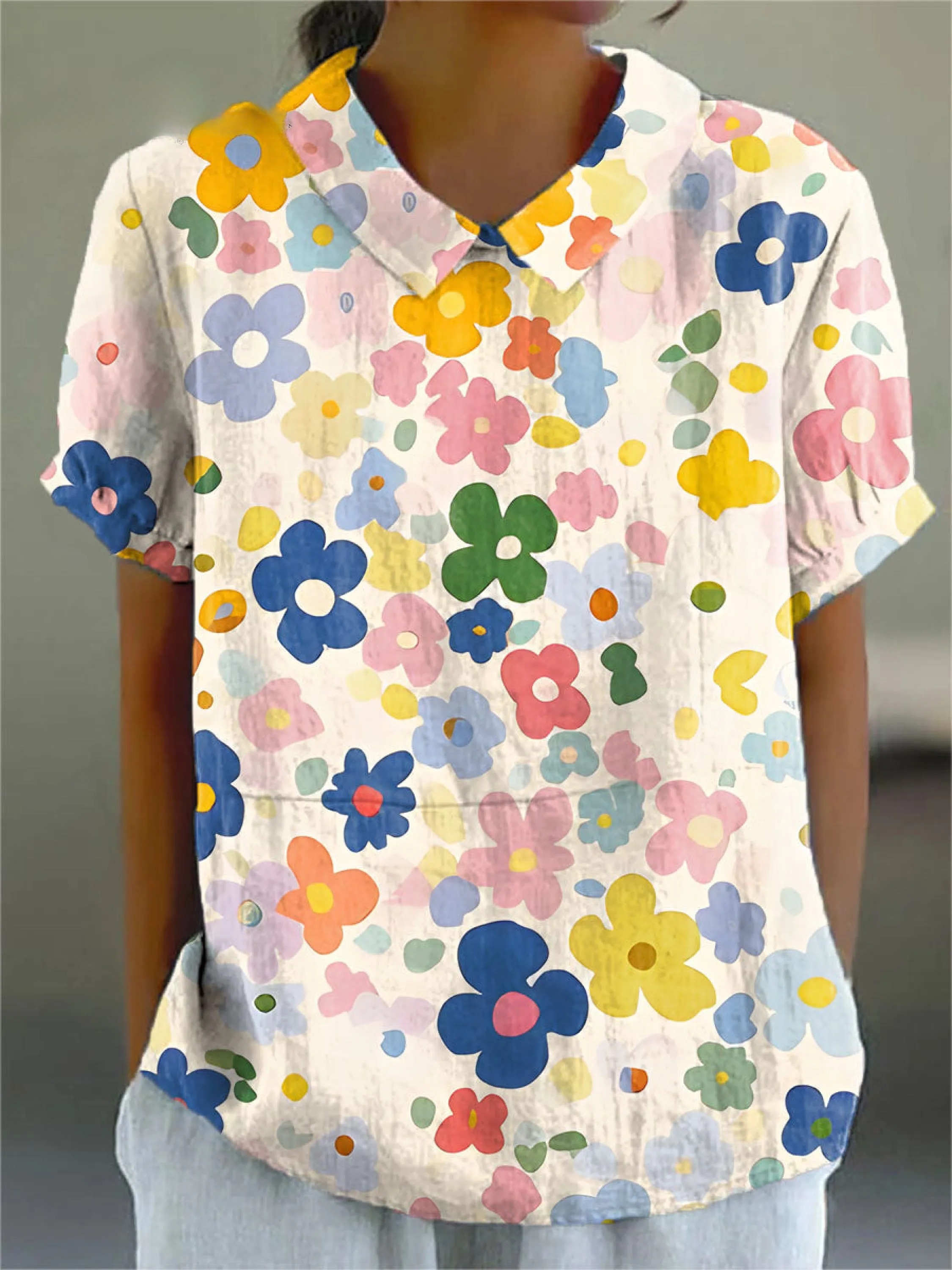 Women's Artistic Colourful Flowers Print Casual Shirt