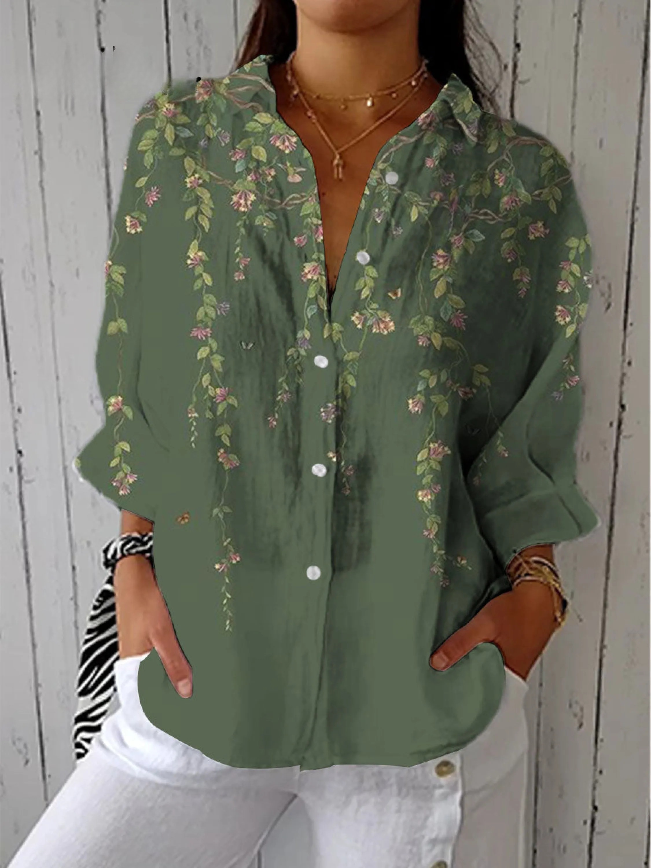 Women's Vintage Art Green Flower Print Casual V-neck Shirt