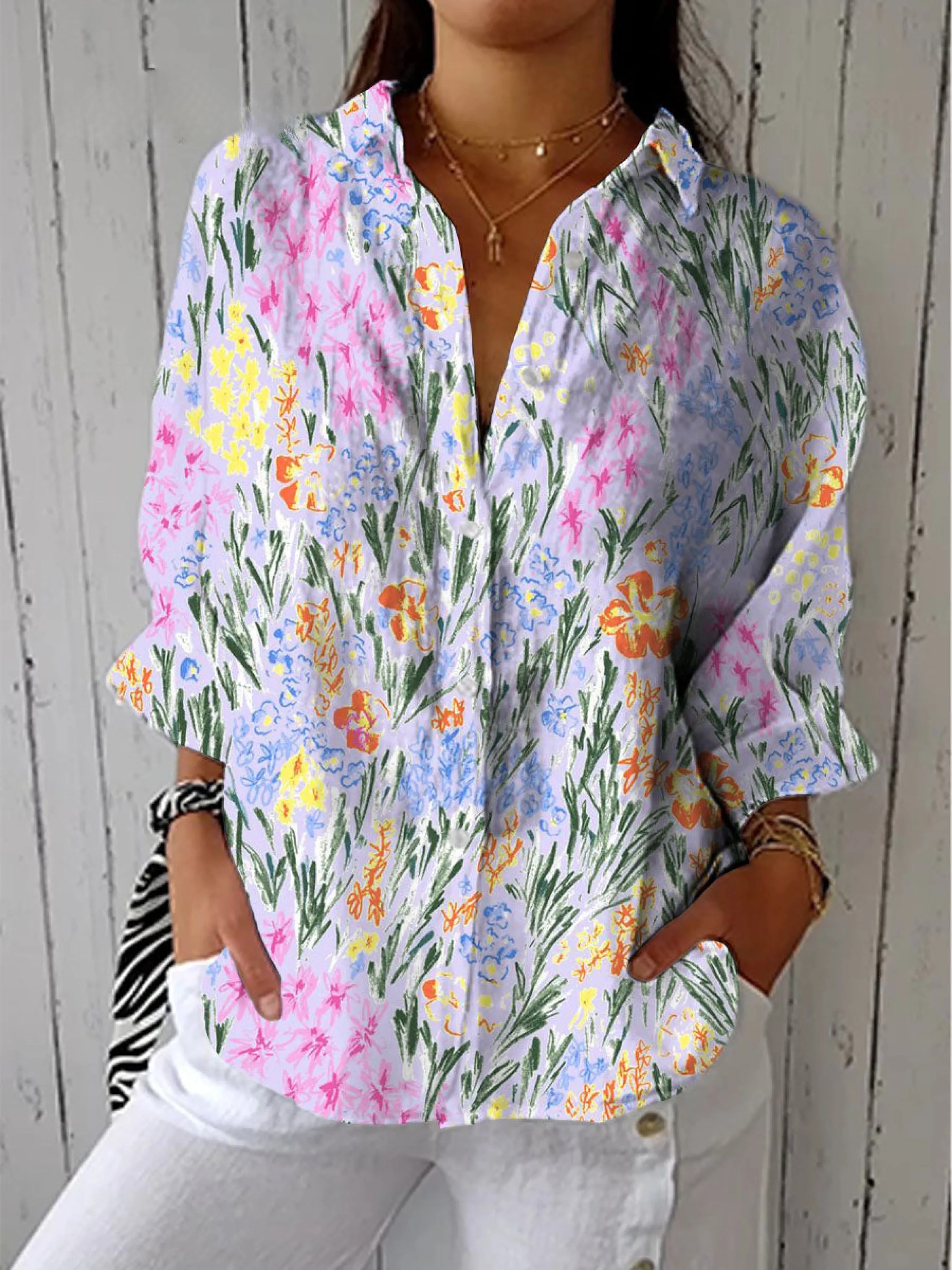 Women's Purple Art Flower Print Casual V-neck Shirt