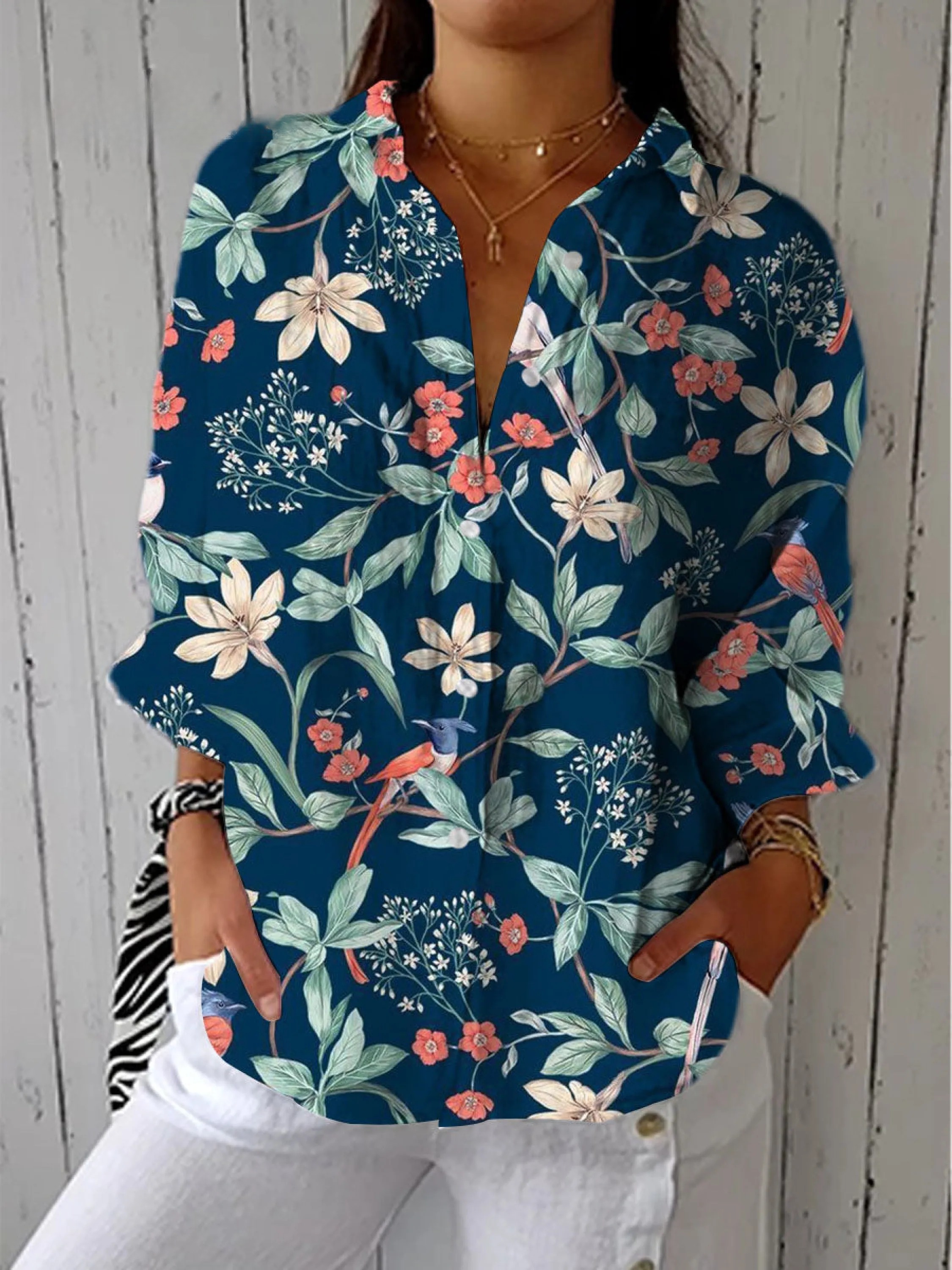 Women's Vintage Art Flower Bird Vintage Art Flower Bird Print Casual V-neck Shirt