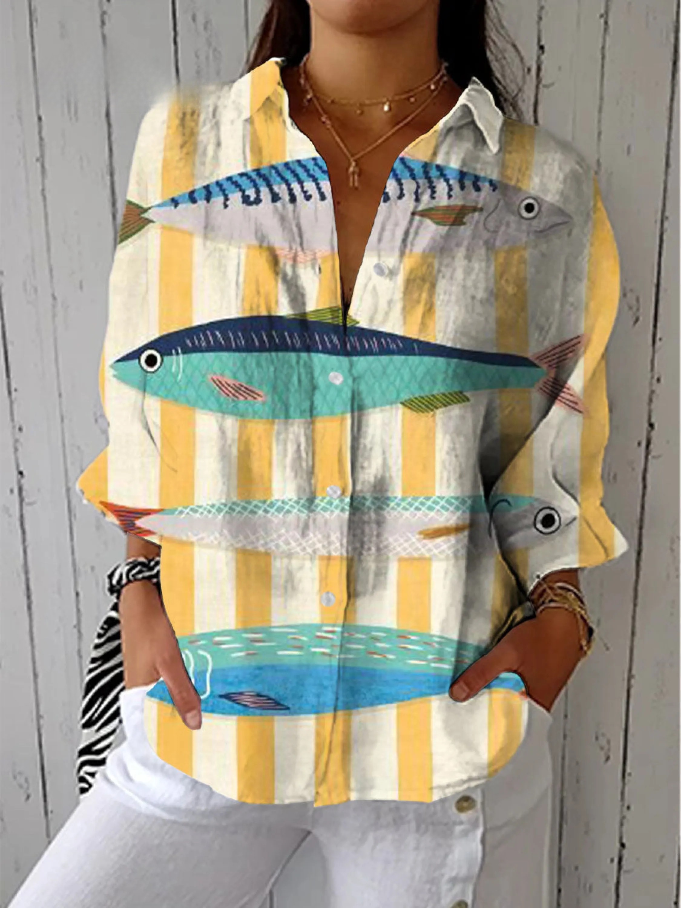 Women's Artistic Creative Fish Print Casual Linen V-neck Shirt