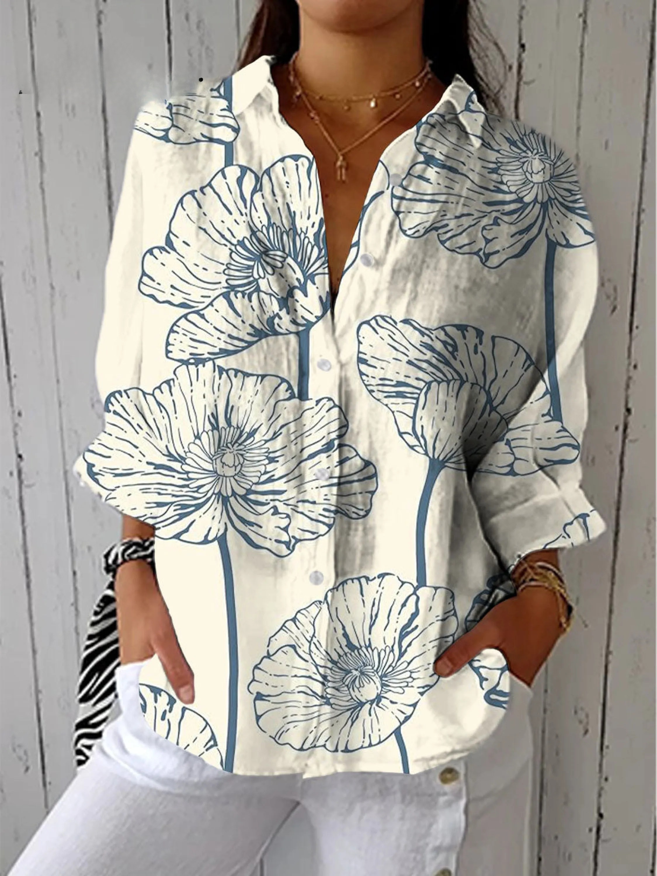 Women's Vintage Art Flower Print Casual V-neck Shirt