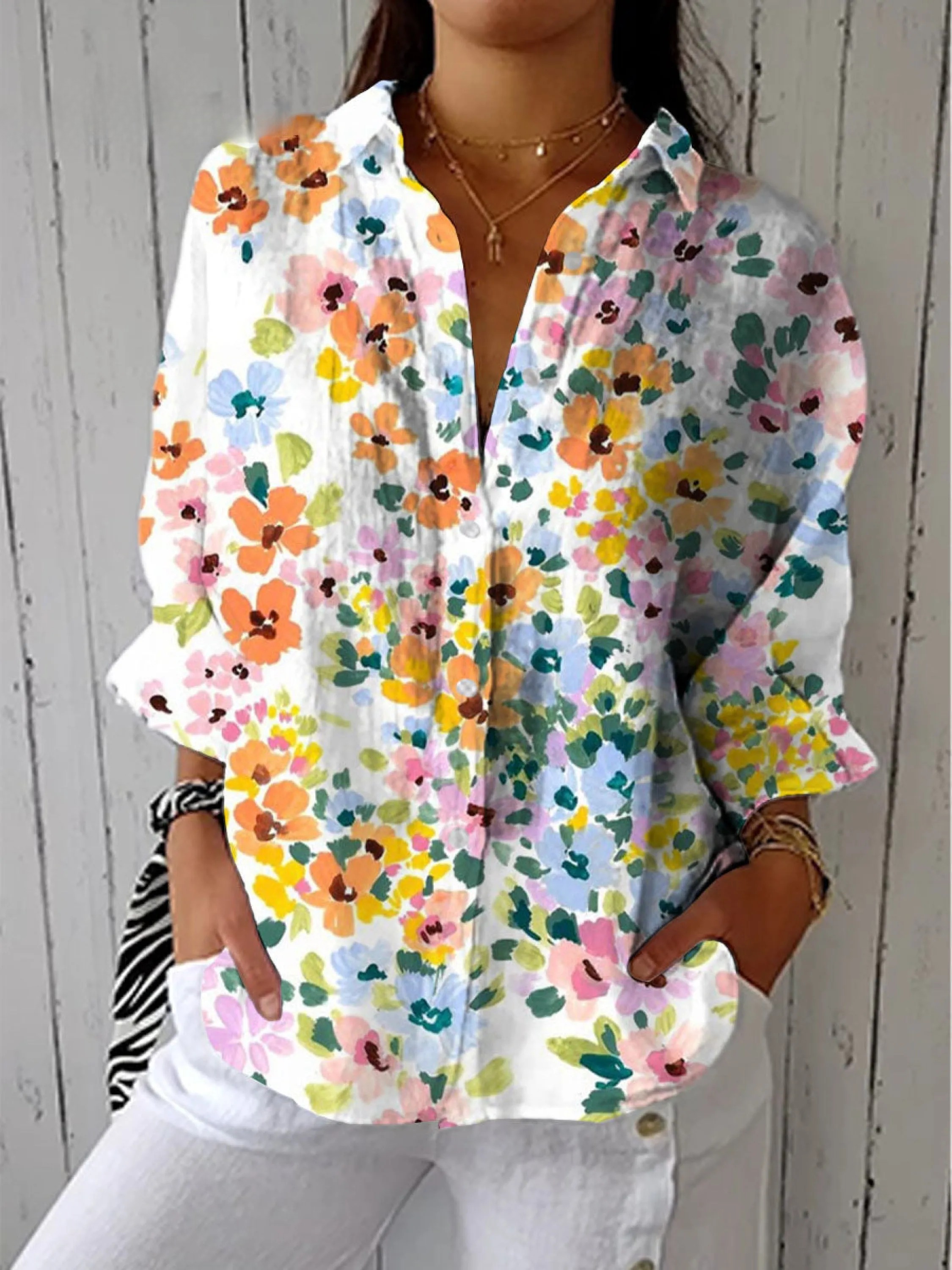 Women's Artistic Creative Colourful Flowers Print Casual V-neck Shirt