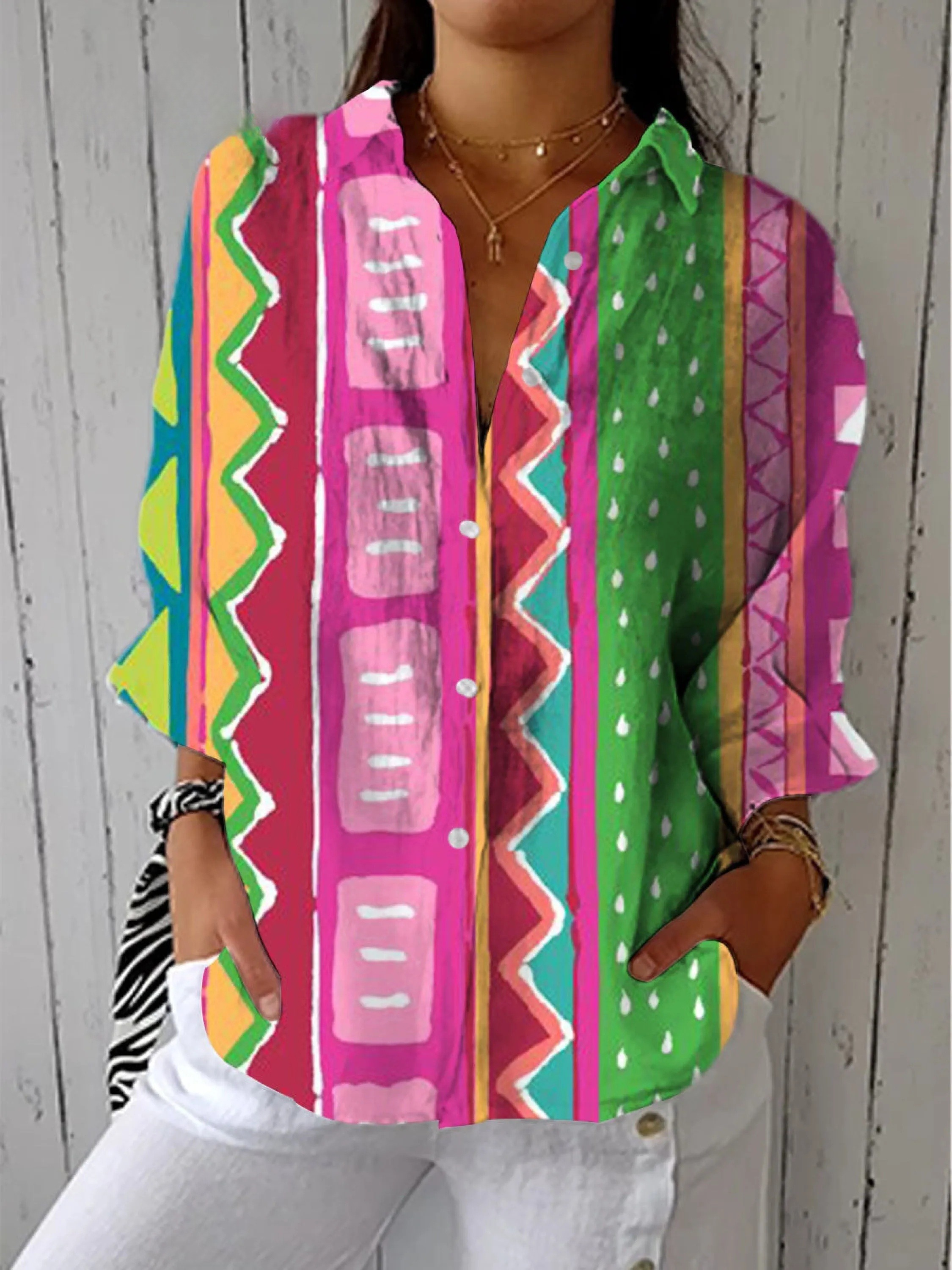 Women's Artistic Coloured Lines Print Casual V-neck Shirt