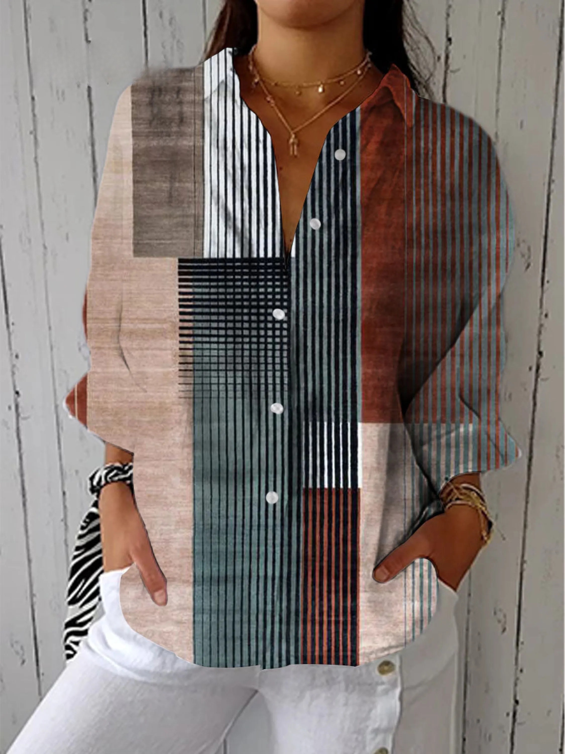 Women's Minimalist Art Geometric Lines Print Casual Linen V-neck Shirt