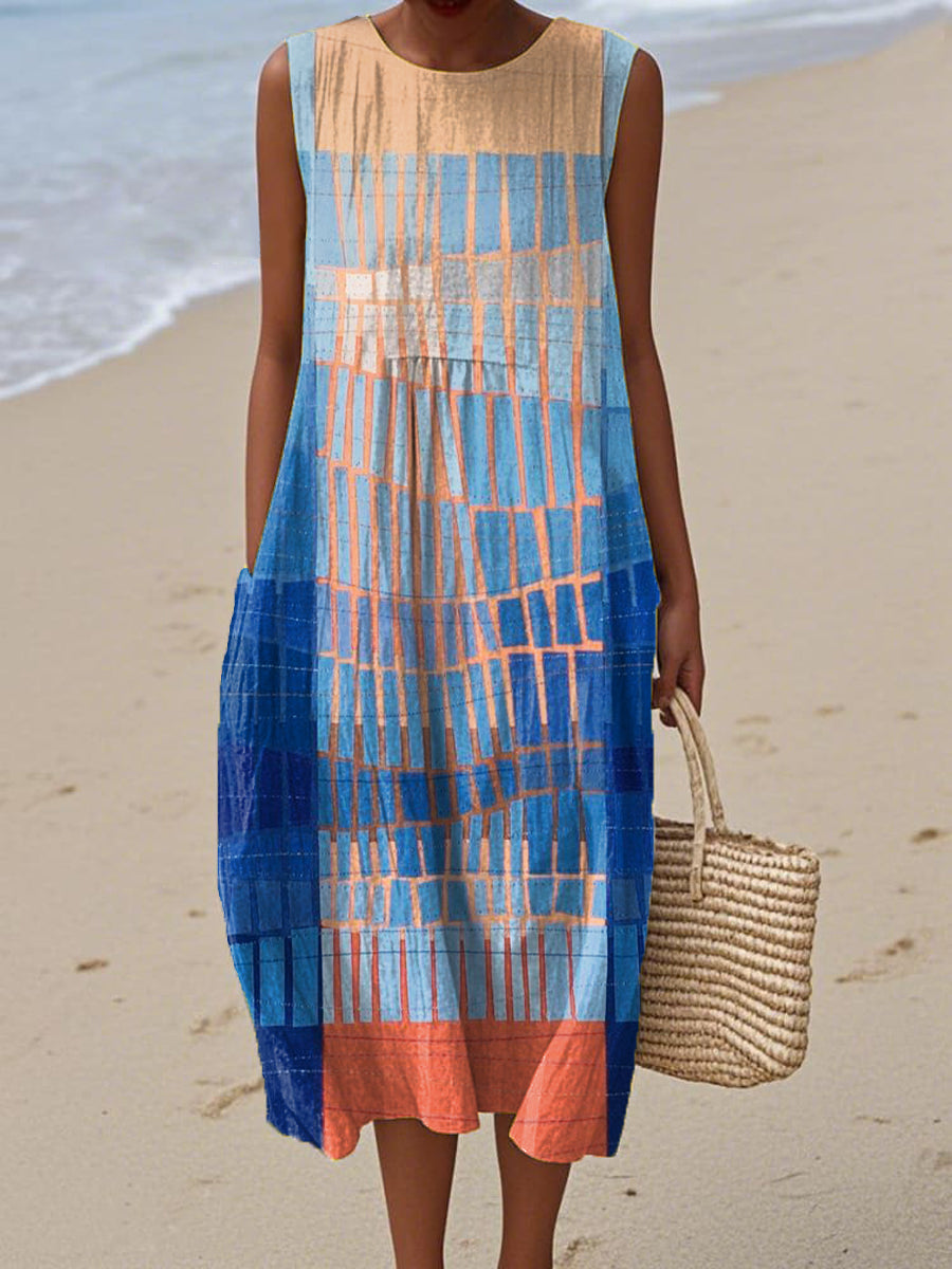 Women's Art Abstract Geometry Print Sleeveless Cotton Pocket Wrap Dress