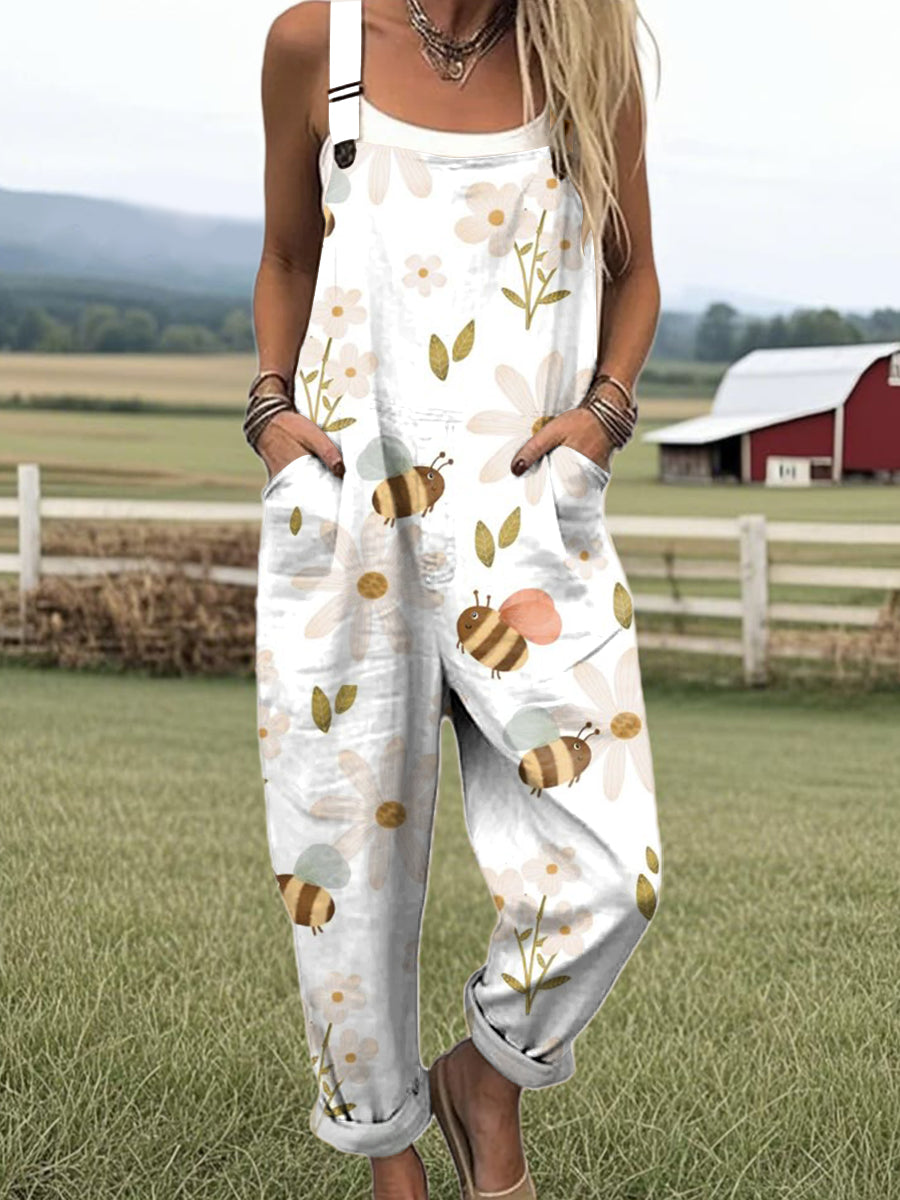 Women's Art Flower Cute Bee Print Casual 100% Cotton Wide Leg Jumpsuit
