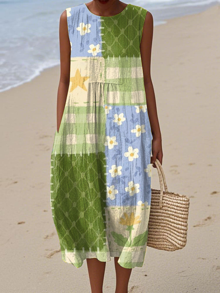 Women's Green Blue Geometric Flower Print Sleeveless Cotton Pocket Wrap Dress