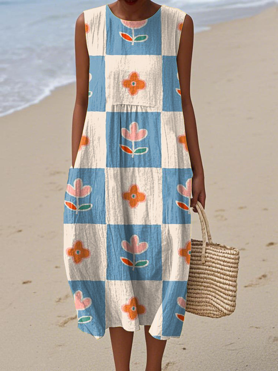 Women's Artistic Lattice Flowers Print Sleeveless Cotton Pocket Wrap Dress