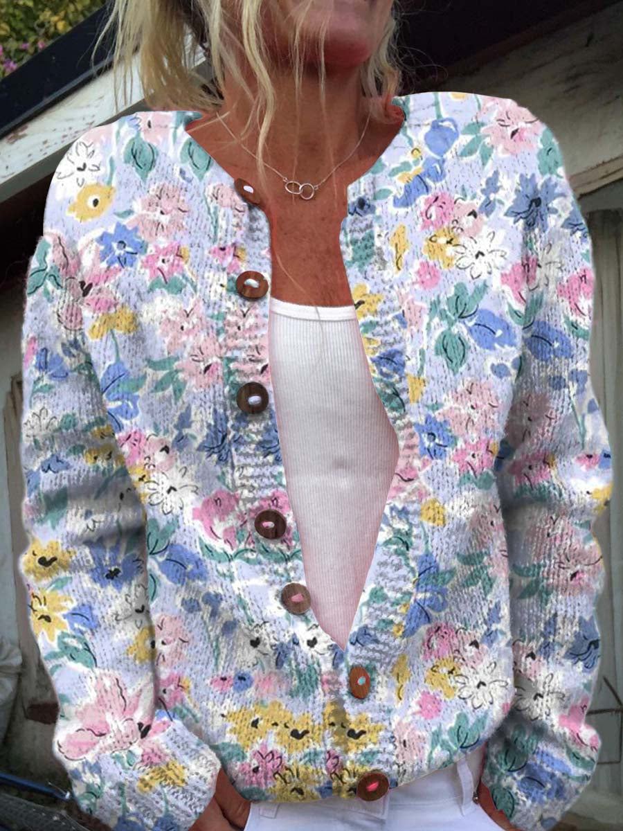 Women's Colourful Art Flowers Print Buttoned Cardigan Sweater
