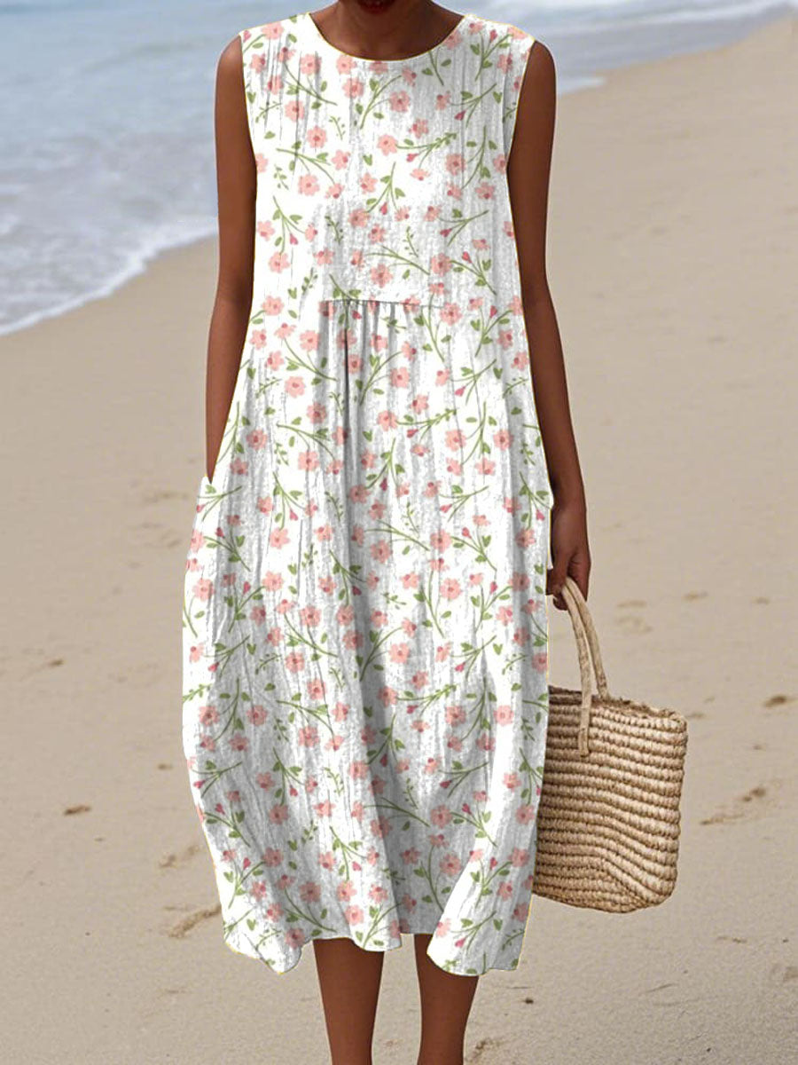 Women's Artistic Creative Flowers Print Sleeveless Cotton Pocket Wrap Dress